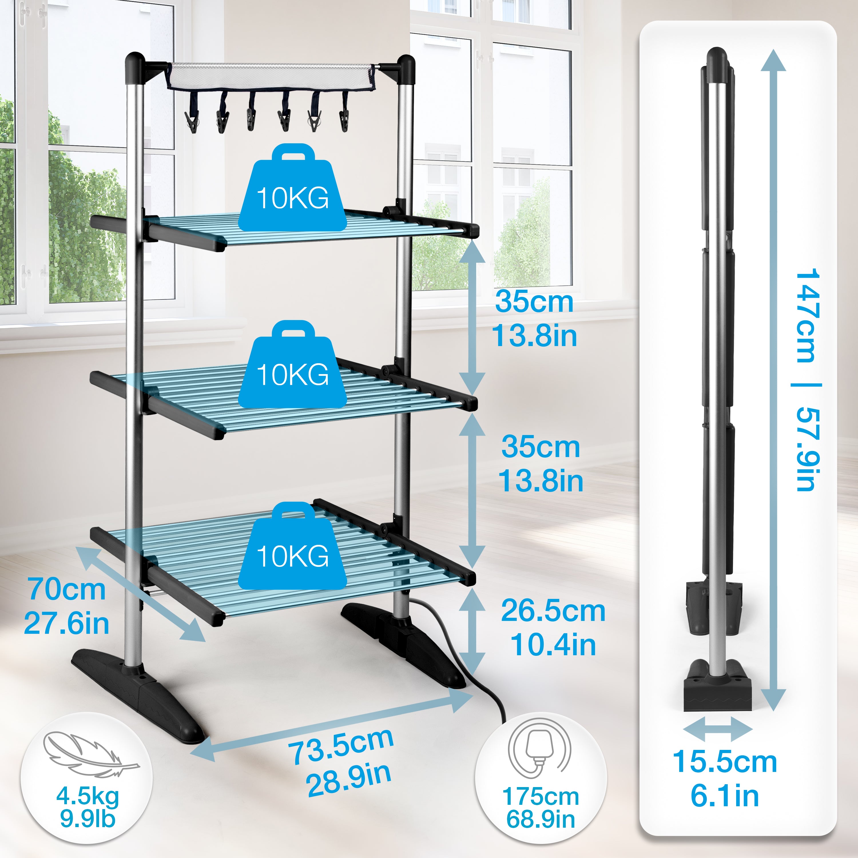 Duronic CA30 BK Electric Clothes Airer 3 Tier Heated Indoor Laundry Drying Rack with Washing Pegs 300W Foldable Sock Hanger Lightweight Garment Dryer Stand for Hats Gloves Small Spaces Home