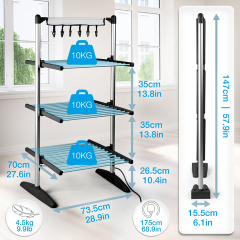 Duronic CA30 BK Electric Heated Clothes Airer, 300W 3 Tier, 30kg Capacity, Foldable, Black