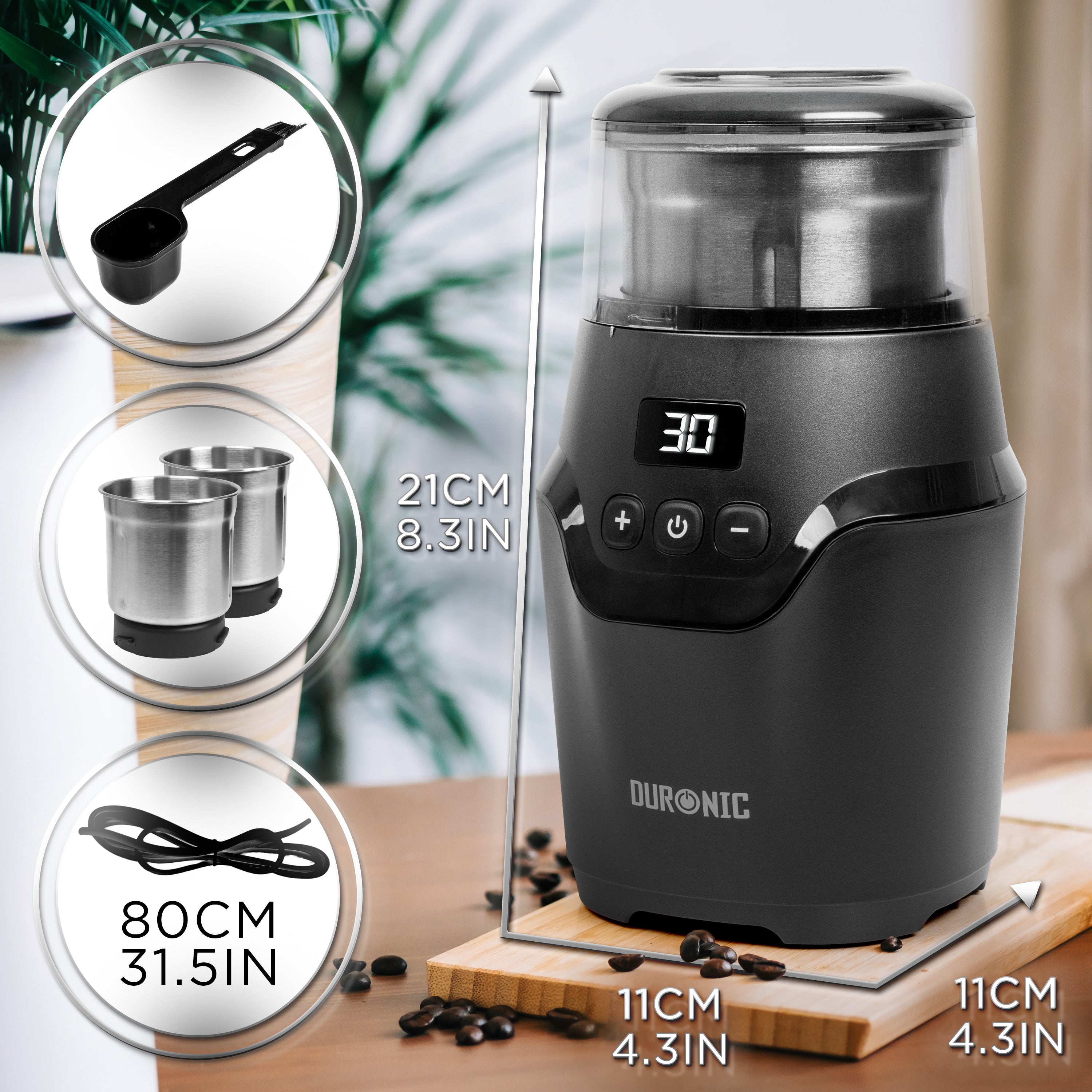 (INCLUDES 2 CUPS) Duronic CG555 Electric Coffee Grinder, 220ml Wet & Dry Cups, Black, Spice Mill & Blade Grinder, Dual/Quad-Blade Cups, Adjustable Timer, Push-Button Controls, Leak-Proof Lid, 150W