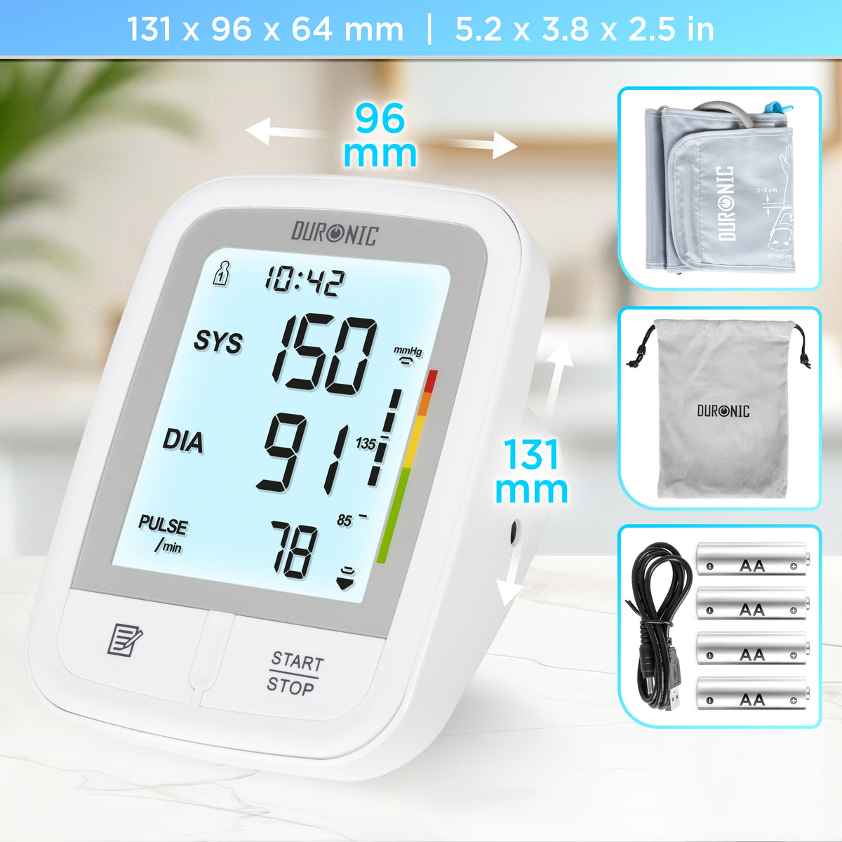 Duronic Blood Pressure Monitors BPM95 CE Approved Blood Pressure Machine Automatic BP Machine Certified Medical Device with 2 x 99 Records Upper Arm BP Monitor Cuff 22cm-32cm for Home Use