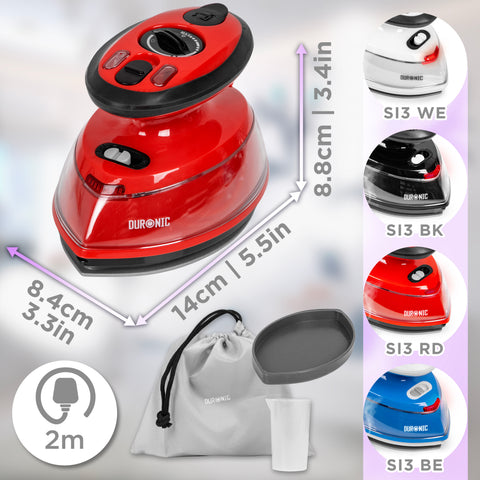 Duronic Red Travel Iron with its dimensions, accessories, and four available color options: white, black, red, and blue.