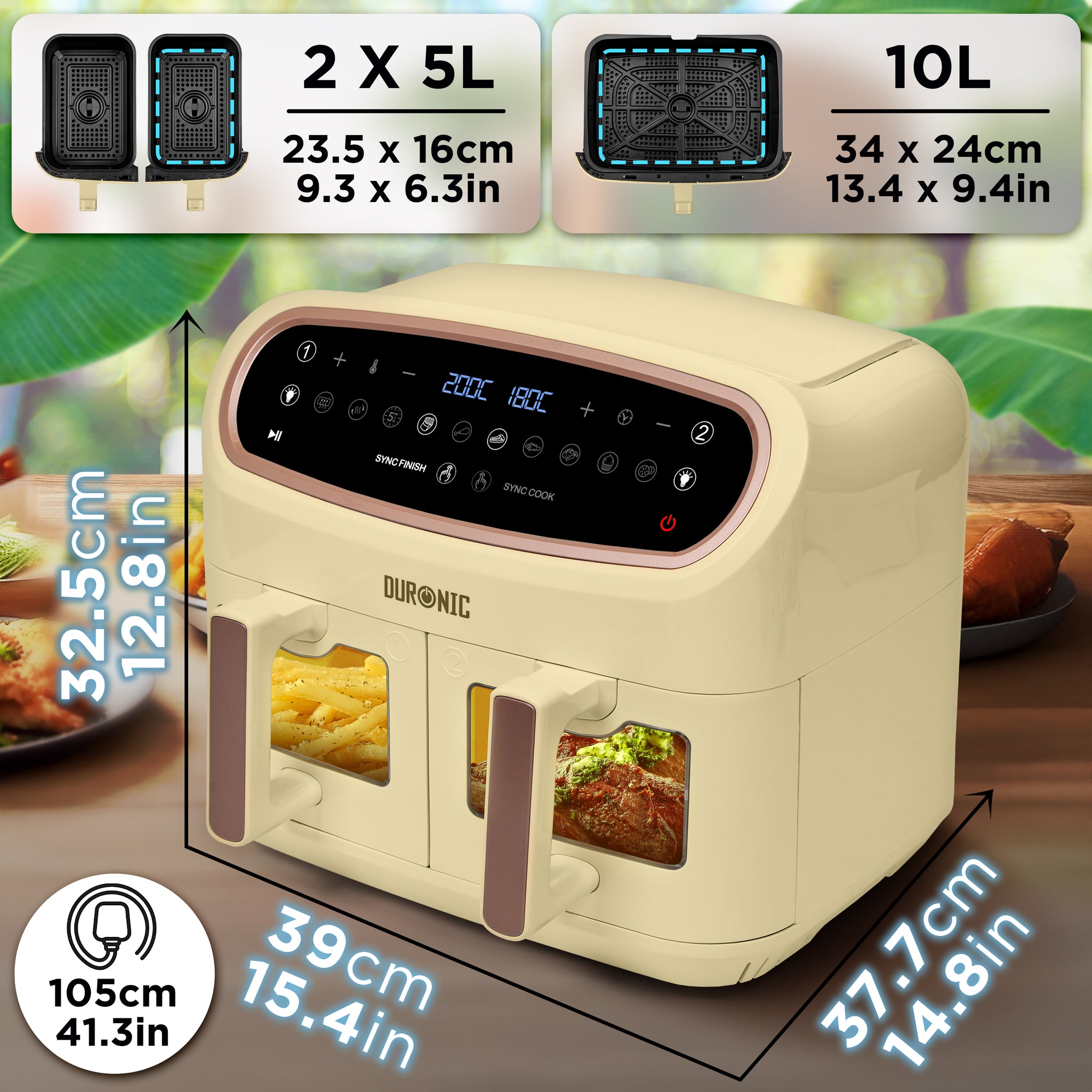 (LIMITED EDITION) Duronic AF34 SG XXL Triple Drawer Air Fryer, 10L Digital Family Size Air Fryers 10in1 Dual Zone Extra Large Oil Free Cooker for Family Cooking with Dishwasher Safe Non-Stick Baskets