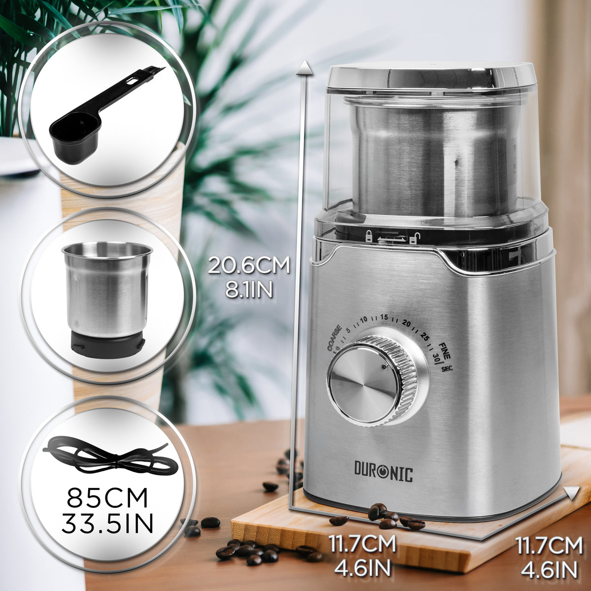 Duronic CG650 Electric Coffee Grinder, 220ml Spice Grinding Cup, Silver, Compact Coffee Grinder & Spice Mill, Adjustable Coarseness Knob, Push-to-Grind Pulse, Silicone Seal Lid, 150W