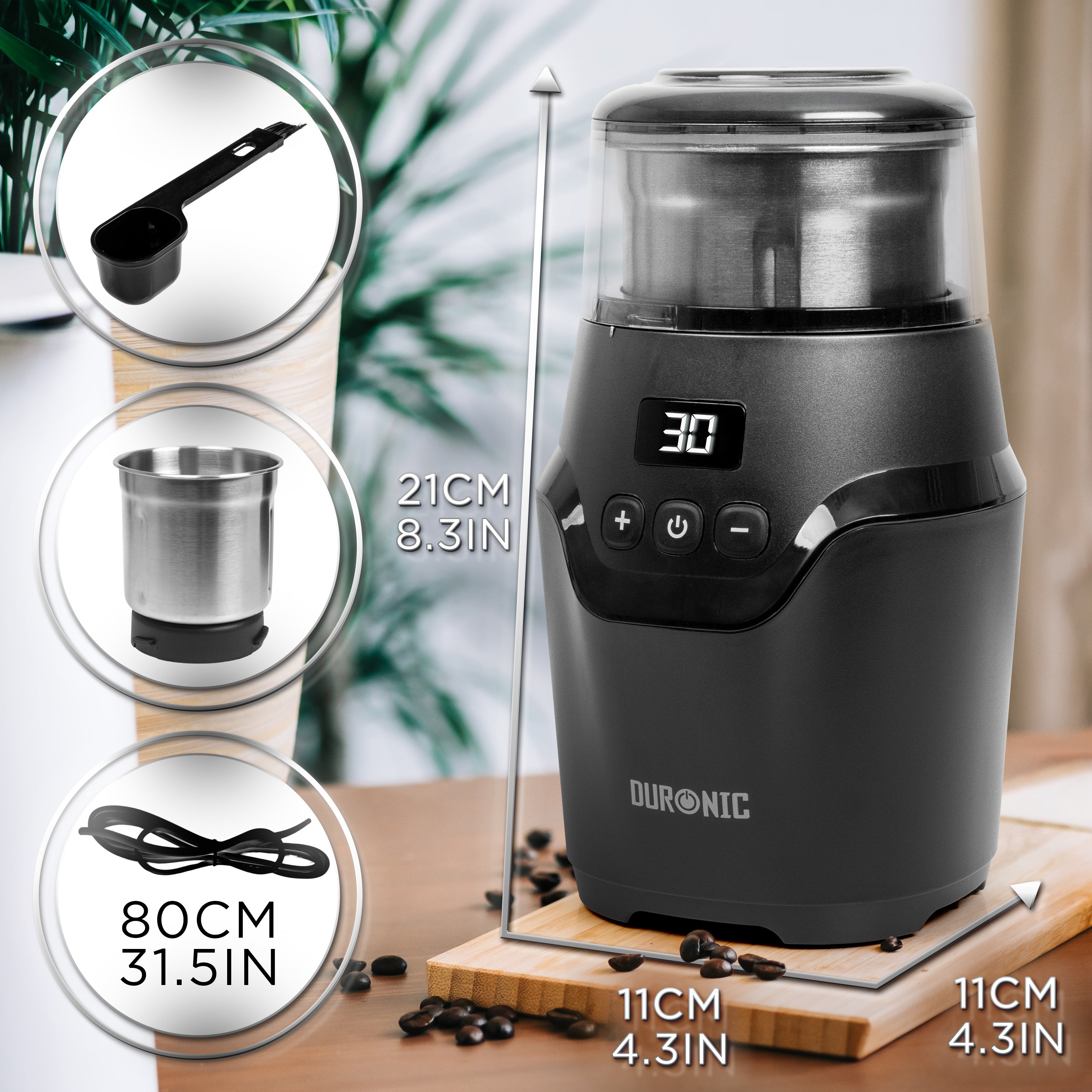 Duronic CG550 Electric Coffee & Spice Grinder, 220ml Cup, Adjustable Timer, Fast Blade Grinder Push-button control, Ideal for Coffee Beans, Dry Spices, Seeds & Nuts with Silicone-Lined Lid, 150W, Black