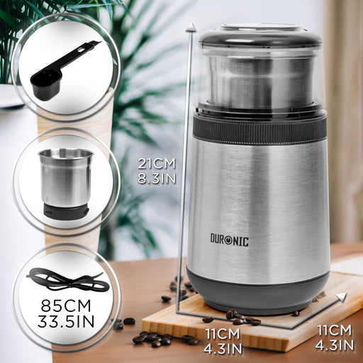 Duronic CG350 Electric Coffee Grinder, 220ml Stainless Steel Spice Grinder, Fast One-Touch Operation, Ideal for Coffee Beans, Dry Spices, Seeds, Nuts & Dry Seasonings with a Silicone-Lined Lid, 150W