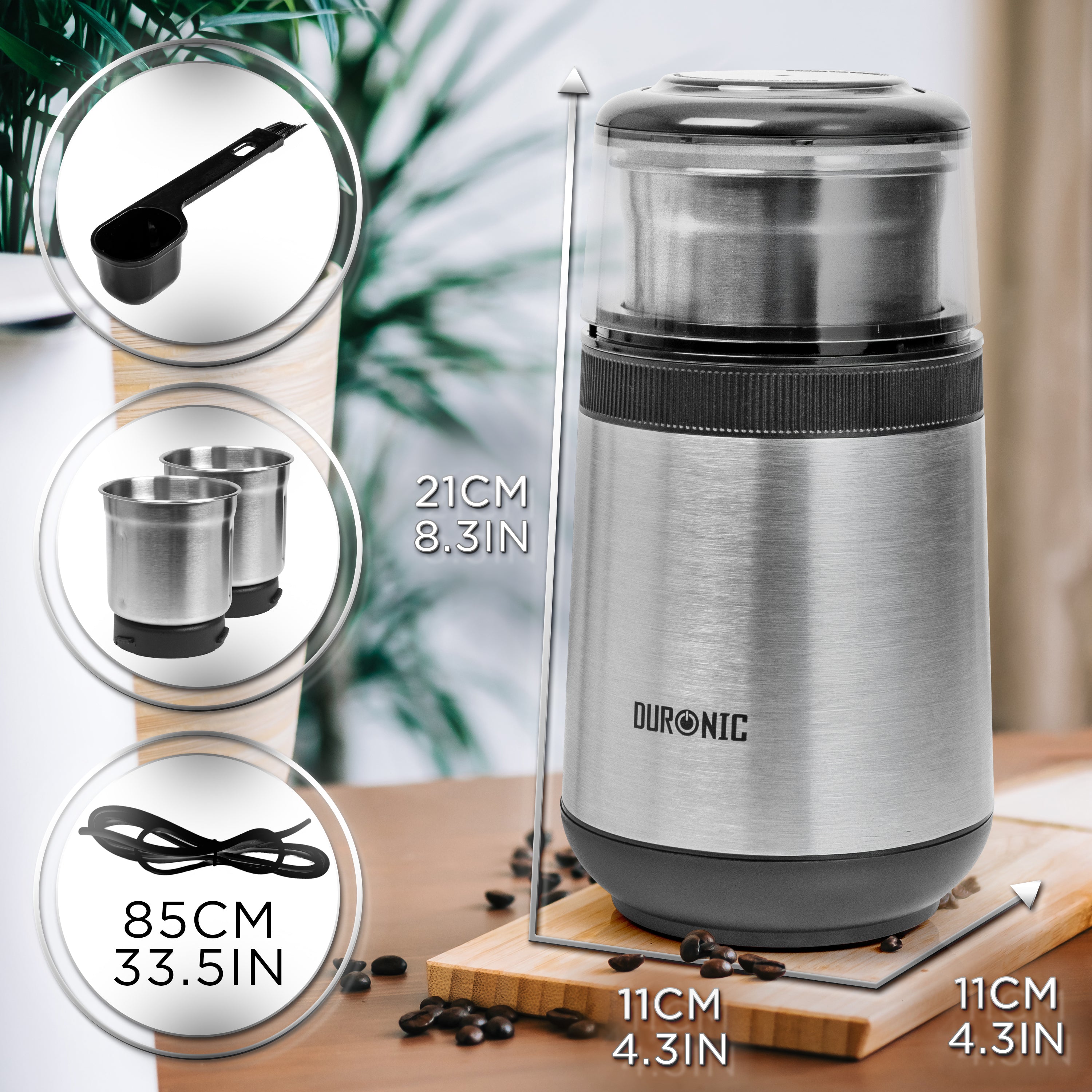(INCLUDES 2 CUPS) Duronic CG355 Electric Coffee Grinder, 220ml Spice Mill, Stainless Steel, Fast One-Touch Grinding with Separate Dry and Wet cups for Coffee, Spices, Nuts, Seeds, Pastes and Sauces, 150W