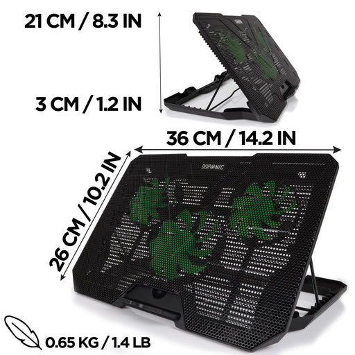 Duronic Laptop Cooling Pad LC3, Ergonomic Cooler Stand for 14"-17.3" Laptops, Adjustable 1400 RPM Fan Speed, 6 Height Levels, LED Lights, Lightweight and Sleek Design for Work, Study, and Gaming