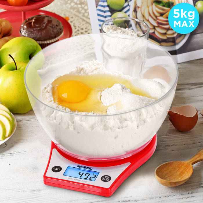 Duronic Digital Kitchen Scale KS6000 RD Kitchen Scales with Bowl, Weighing Scale, Baking Scale for Cooking Baking Pet Food Postal, Food Scale Weight Scale, Electronic Scale with Backlit LCD Display