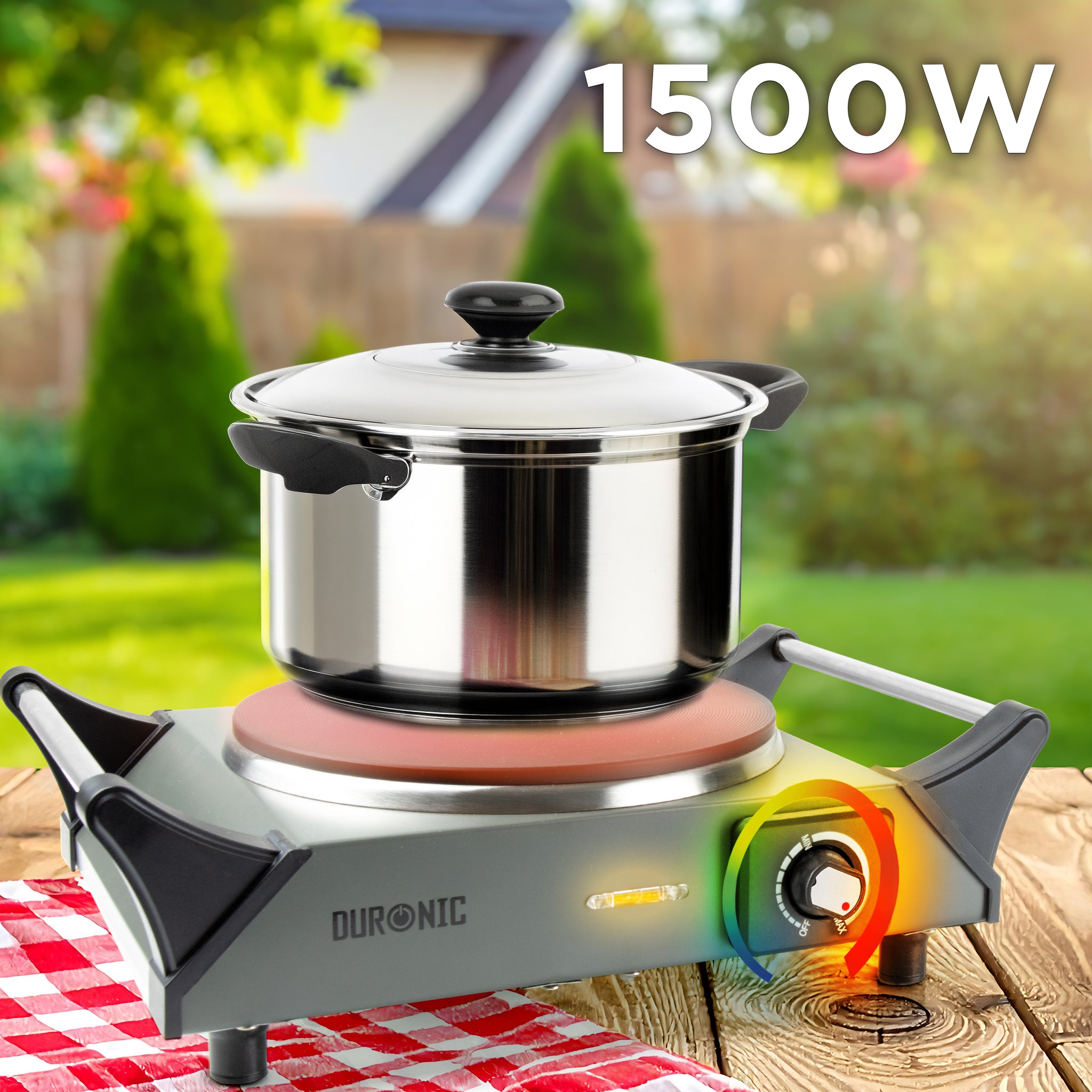 Duronic Electric Hot Plate HP1 GG, 1500W Single Burner Hob, Portable Table Top Cooker with Cast Iron Ring & Cool-Touch Handles for Camping, Caravans, Home, Small Kitchens, Grey Green