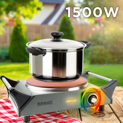 Duronic Electric Hot Plate HP1 GG, 1500W Single Burner Hob, Portable Table Top Cooker with Cast Iron Ring & Cool-Touch Handles for Camping, Caravans, Home, Small Kitchens, Grey Green