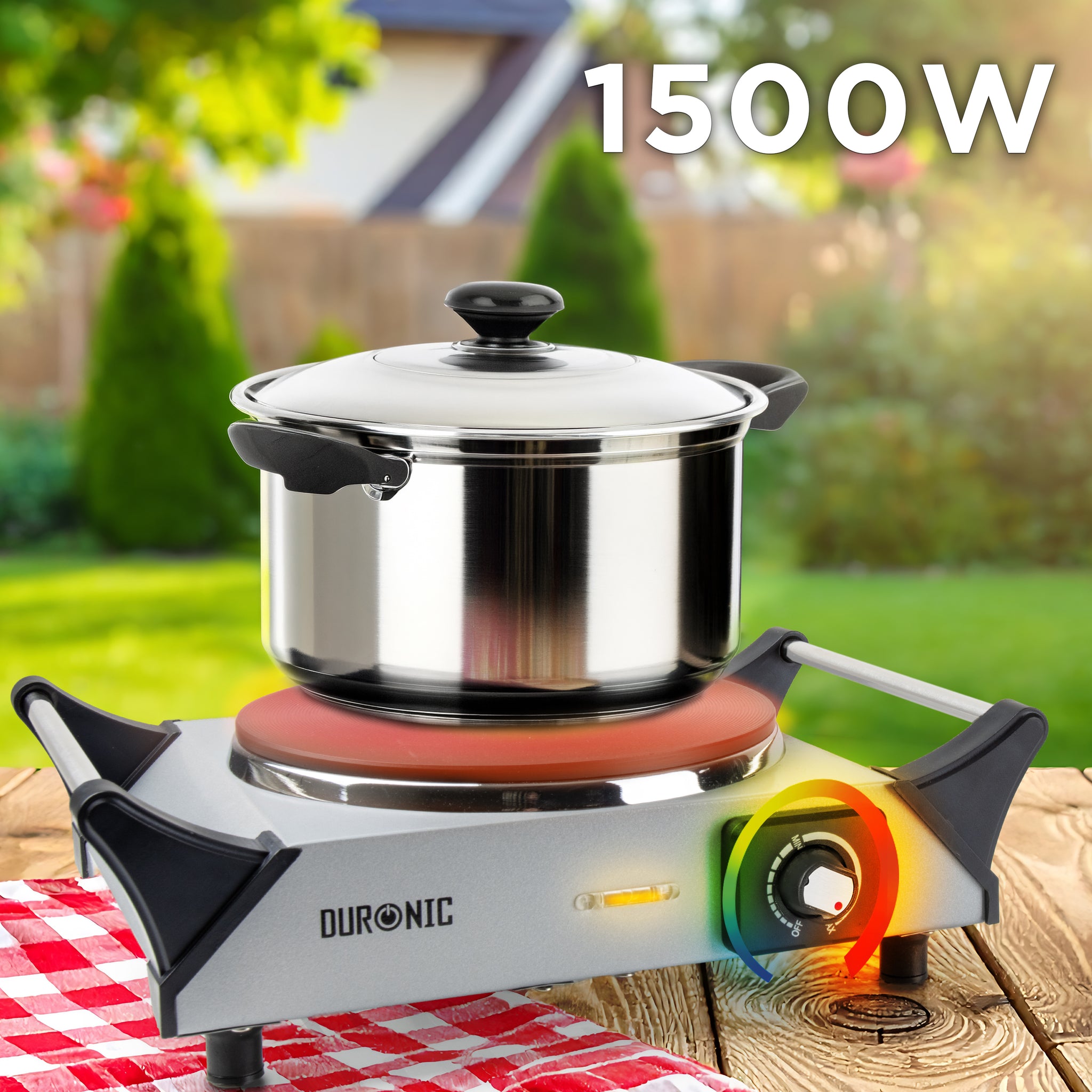 Duronic Electric Hot Plate HP1 SR, 1500W Single Burner Hob, Portable Table Top Cooker with Cast Iron Ring & Cool-Touch Handles for Camping, Caravans, Home, Small Kitchens, Silver