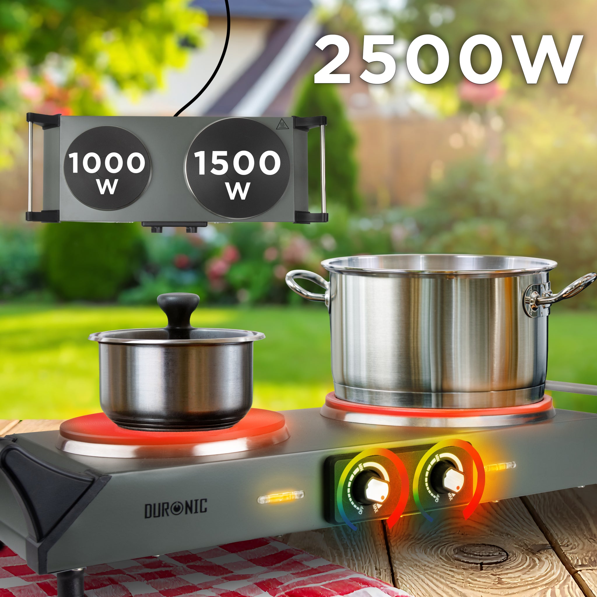 Duronic Electric Hot Plate HP2 GG, 2500W Double Burner Hob, Portable Table Top Cooker with Cast Iron Ring & Cool-Touch Handles for Camping, Caravans, Home, Small Kitchens, Grey Green