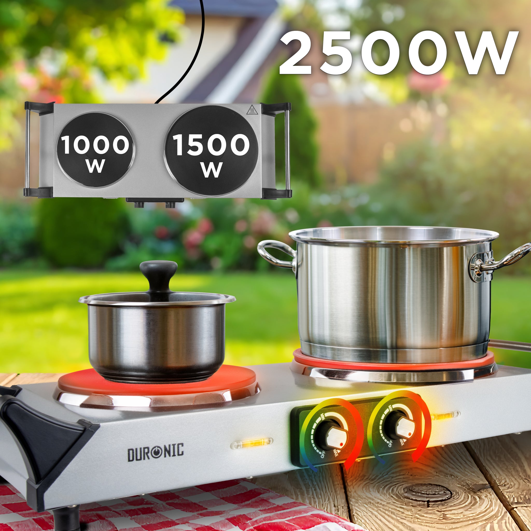 Duronic Electric Hot Plate HP2 SR, 2500W Double Burner Hob, Portable Table Top Cooker with Cast Iron Ring & Cool-Touch Handles for Camping, Caravans, Home, Small Kitchens, Silver