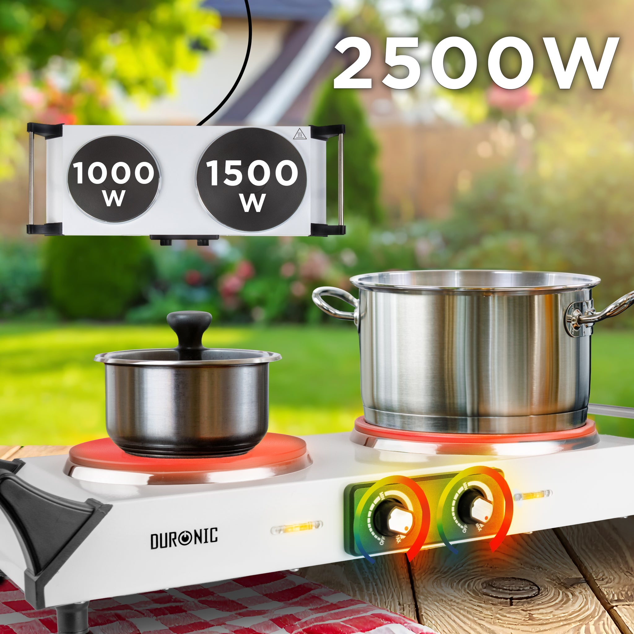 Duronic Electric Hot Plate HP2 WE, 2500W Double Burner Hob, Portable Table Top Cooker with Cast Iron Ring & Cool-Touch Handles for Camping, Caravans, Home, Small Kitchens, White