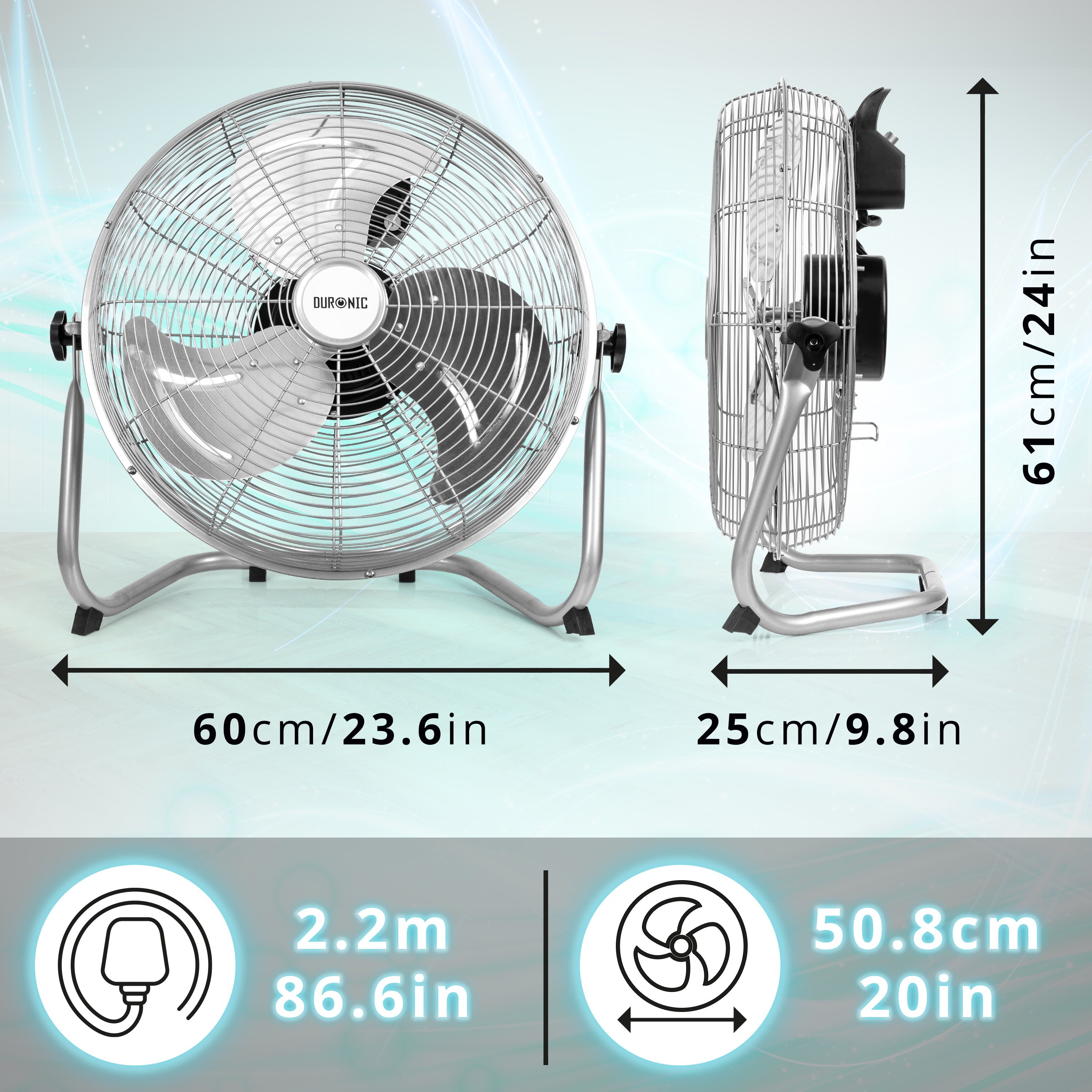 Duronic Floor Fan FN20, Electric Cooling Fan, Portable Pedestal Stand, Lightweight Adjustable Tilt, 3 Chrome Blades, 4 Speeds, High Velocity Industrial Floor Standing Fan for Home Bedroom Office Gym