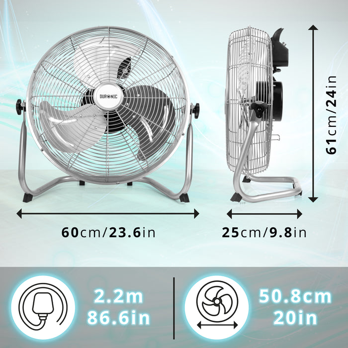 Duronic Floor Fan FN20, Electric Cooling Fan, Portable Pedestal Stand, Lightweight Adjustable Tilt, 3 Chrome Blades, 4 Speeds, High Velocity Industrial Floor Standing Fan for Home Bedroom Office Gym