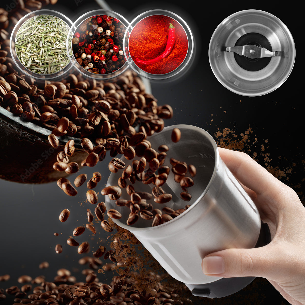 (INCLUDES 2 CUPS) Duronic CG155 Electric Coffee Grinder, 220ml Wet & Dry Spice Mill, Brown, Fast One-Touch Grinding with Dry and Wet cups for Coffee, Spices, Nuts, Seeds, Pastes and Sauces, 150W