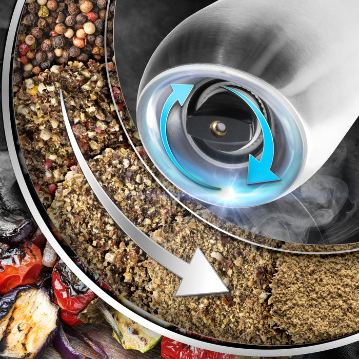 Duronic EMB2 Electric Salt and Pepper Grinder Set 25W Two Automatic Gravity Salt Shakers Battery Powered Pepper Mills One Handed Spice Grinder with LED Light, Adjustable Coarseness