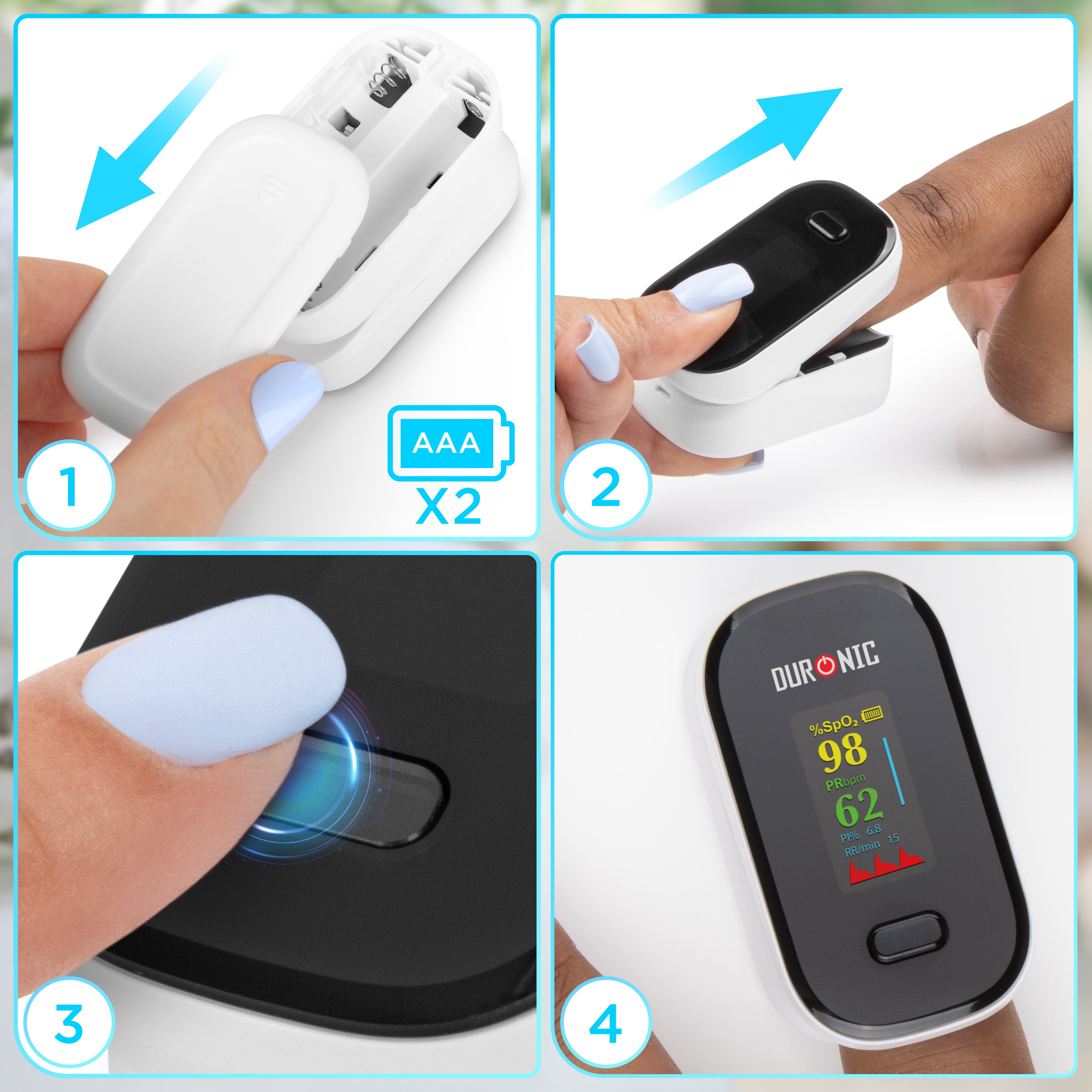 Duronic Finger Pulse Oximeter OX02 Blood Oxygen Saturation & Pulse Rate Monitor CE Certified SpO2 Fingertip Monitor for Home Use Portable Latex Free Oximeters with Digital Display & Lanyard