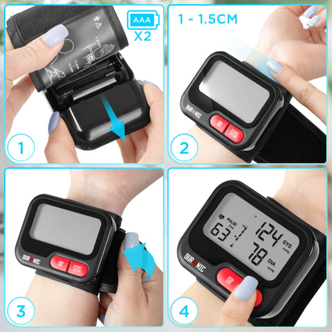 Duronic Wrist Blood Pressure Monitors with Four step guide to insert batteries, fit, and operate