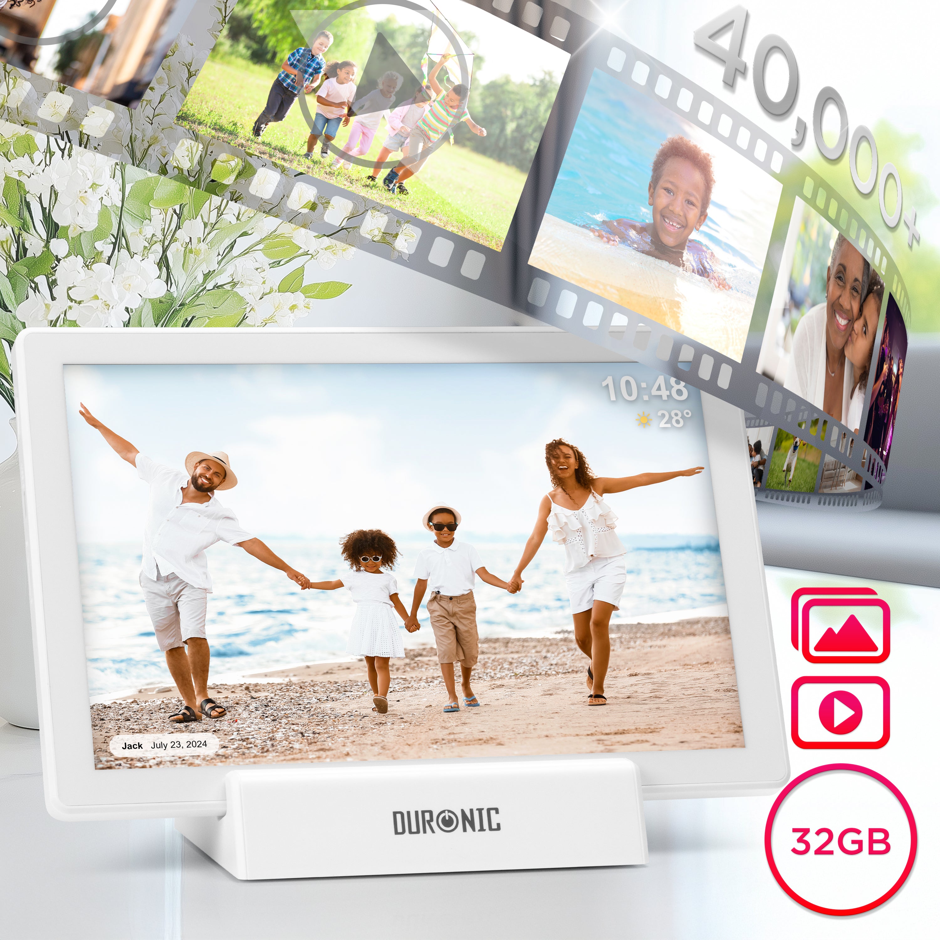 Duronic Digital Photoframe PF1D WE WiFi Digital Picture Frame 10.1” Touchscreen Photoframe with 32GB Storage Capacity Electronic Picture Frames for Gifts, Family, Friends, Photo Display White