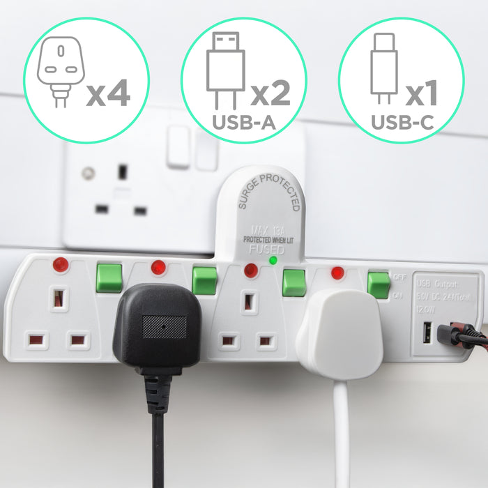 Duronic Plug Adapter with USB S125W 4 Way Multi Plug Adapter for UK Plugs Surge Protected 3kW Power Extension Adaptor with 2.4A USB Ports & 1 USB-c Port White Multi Socket with Switches