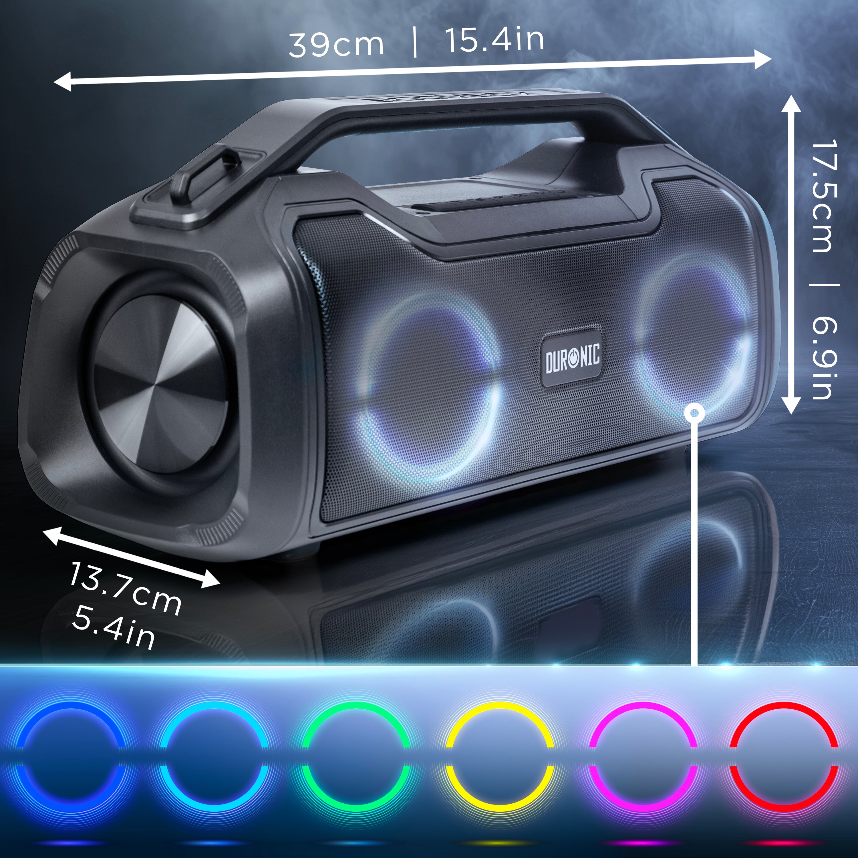 Duronic Portable Bluetooth Speaker BX48, Wireless Boombox with RGB, IPX Waterproof Loudspeaker for Party, Outdoor, Travel, Home Subwoofer with USB Plug in AUX Loud Speakers