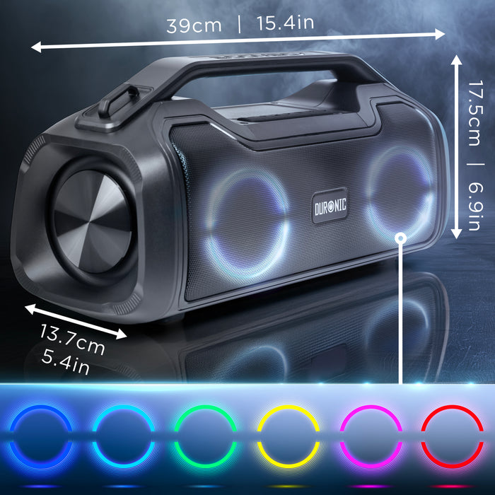 Duronic Portable Bluetooth Speaker BX48, Wireless Boombox with RGB, IPX Waterproof Loudspeaker for Party, Outdoor, Travel, Home Subwoofer with USB Plug in AUX Loud Speakers