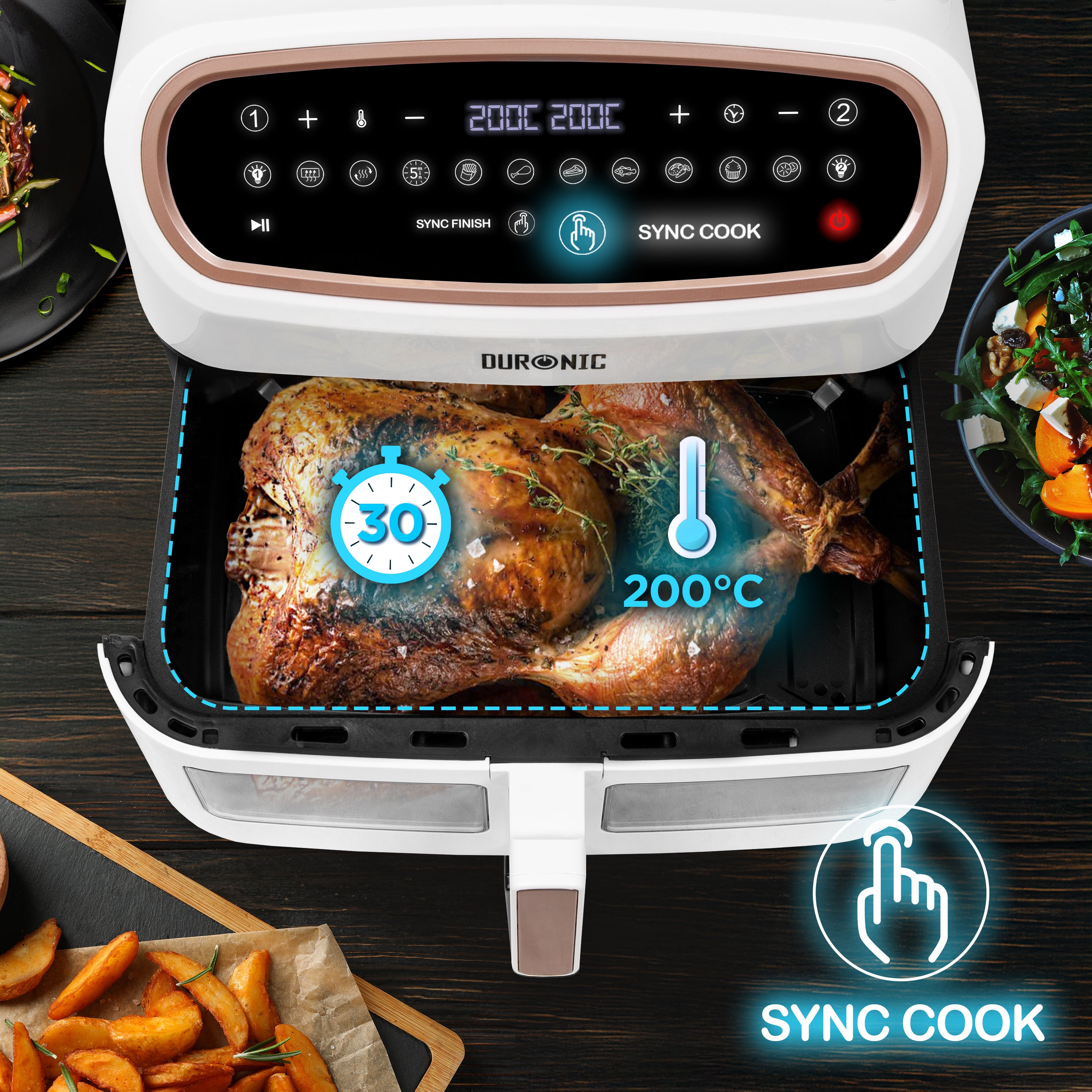 (LARGE SINGLE DRAWER MODEL) Duronic XXL Digital Air Fryer AF14 WE 10L Family Size Air Fryers 10in1 Dual Zone Extra Large AirFryer with window for Cooking with Dishwasher Safe Non-Stick Basket White