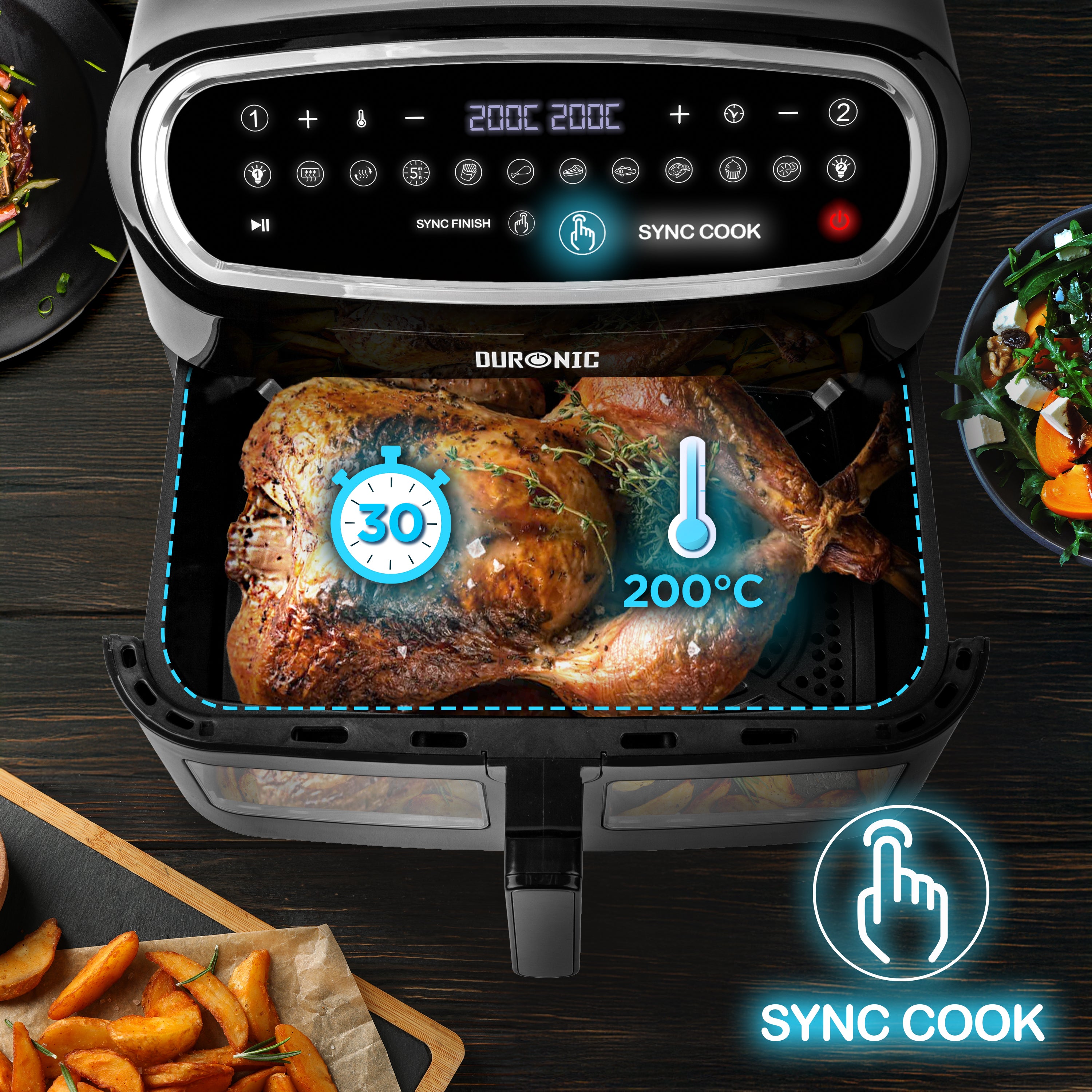 (LARGE SINGLE DRAWER MODEL) Duronic XXL Digital Air Fryer AF14 BK 10L Family Size Air Fryers 10in1 Dual Zone Extra Large AirFryer with window for Family Cooking with Dishwasher Safe Non-Stick Basket Black