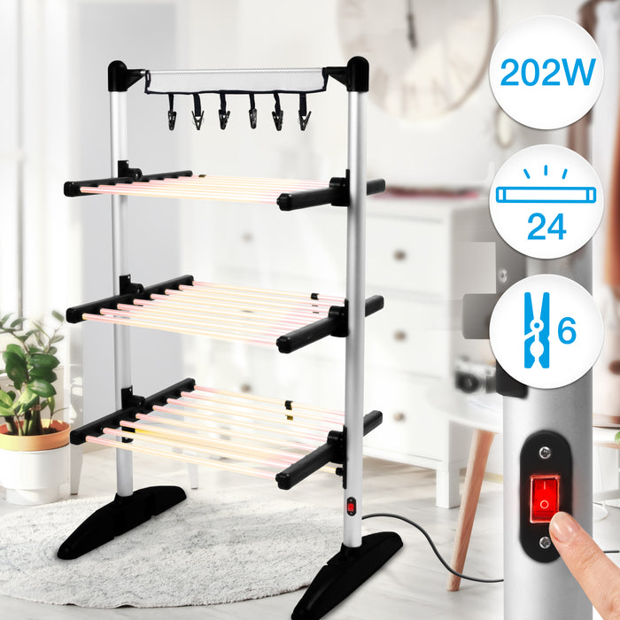 Duronic CA20 BK Electric Clothes Airer 3 Tier Heated Indoor Laundry Drying Rack with Washing Pegs 202W Foldable Sock Hanger Lightweight Garment Dryer Stand for Hats Gloves Small Spaces Home