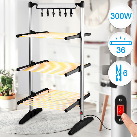 Duronic CA30 BK Electric Heated Clothes Airer, 300W 3 Tier, 30kg Capacity, Foldable, Black