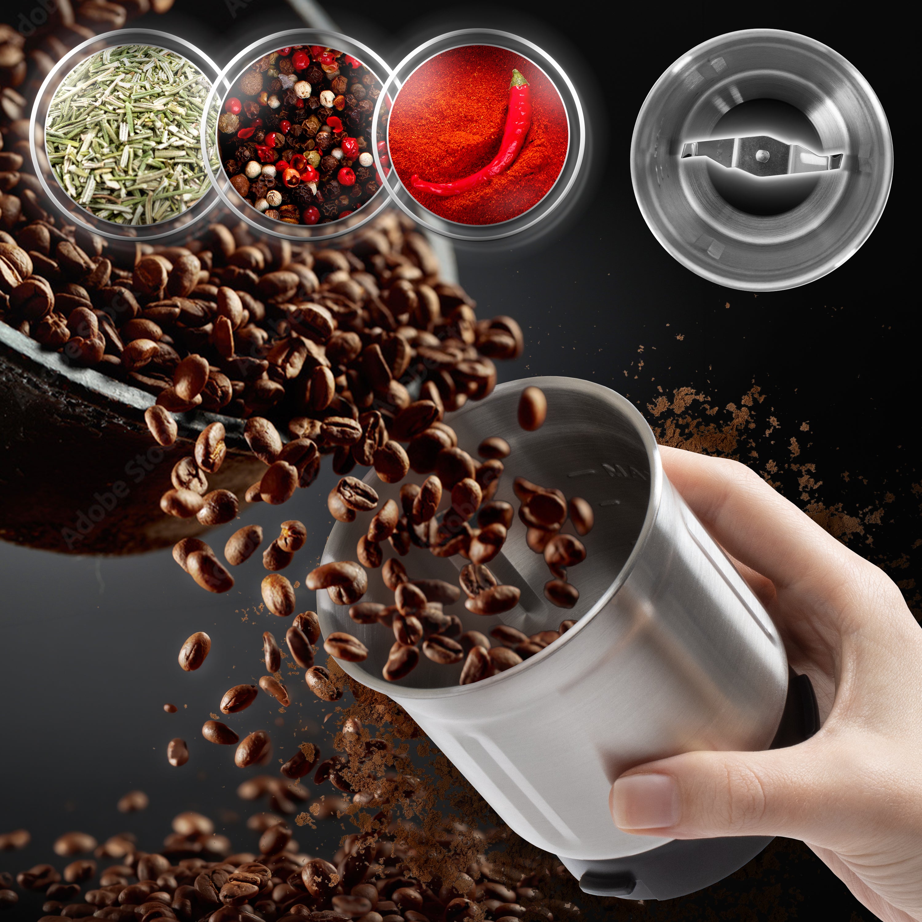 (INCLUDES 2 CUPS) Duronic CG655 Electric Coffee Grinder with Wet & Dry Cups, 220ml, Silver, Metal Spice Mill, Adjustable Coarseness, Push Pulse, Silicone Seal, for Coffee Beans, Spices, Nuts, flaxseeds, 150W