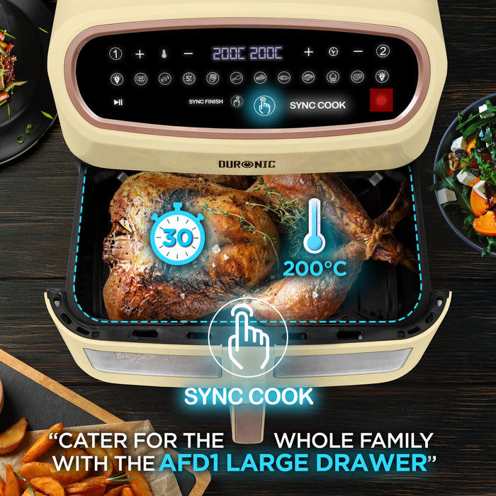 (LIMITED EDITION) Duronic AF34 SG XXL Triple Drawer Air Fryer, 10L Digital Family Size Air Fryers 10in1 Dual Zone Extra Large Oil Free Cooker for Family Cooking with Dishwasher Safe Non-Stick Baskets Sandstone & Gold
