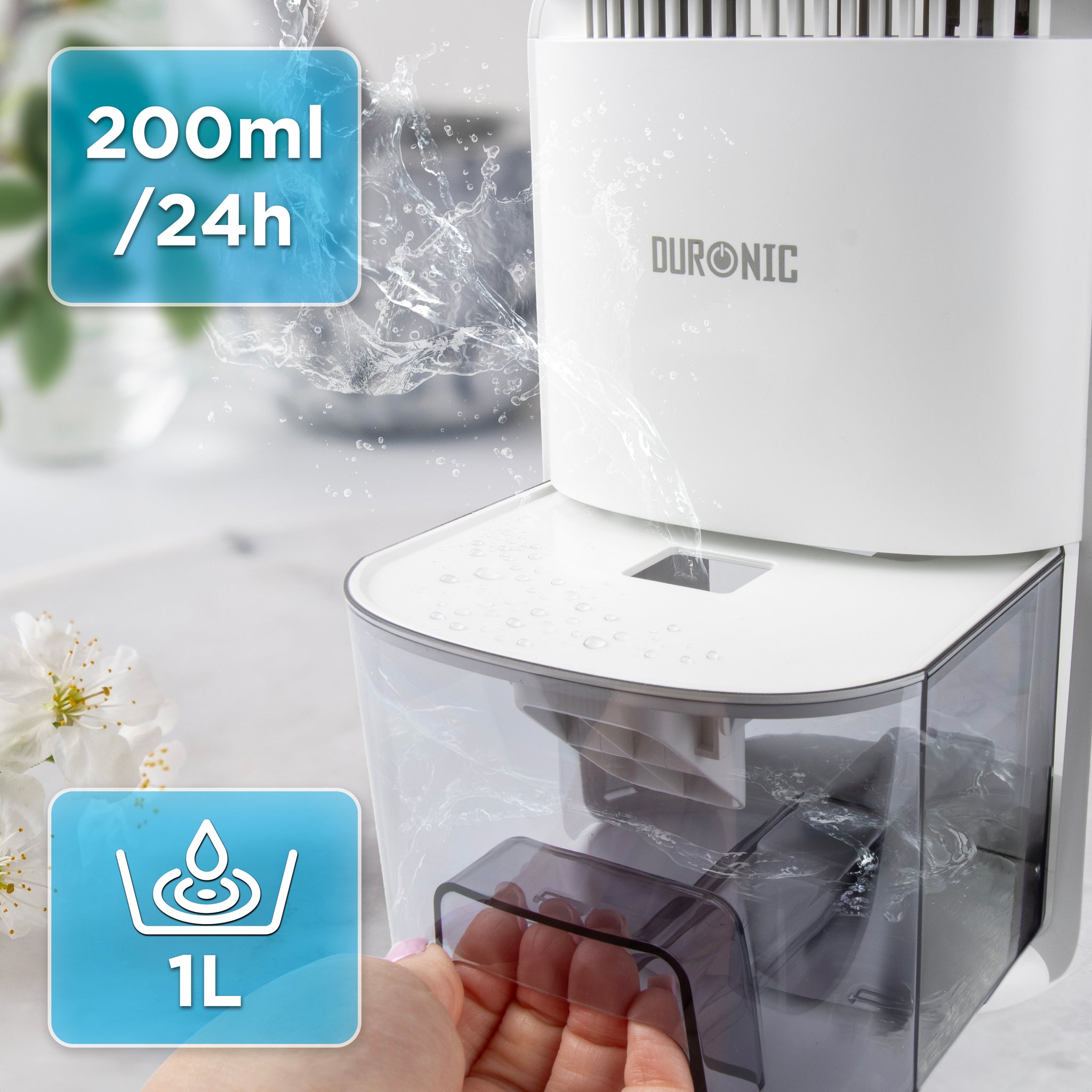 Duronic DH07 WE Mini Dehumidifier, 22.5W Compact Dehumidifier, Automatic Moisture Remover with 1L Tank Capacity, Quiet Home Dehumidifiers for Dust Allergies Asthma & Damp, Bedroom and Bathroom White