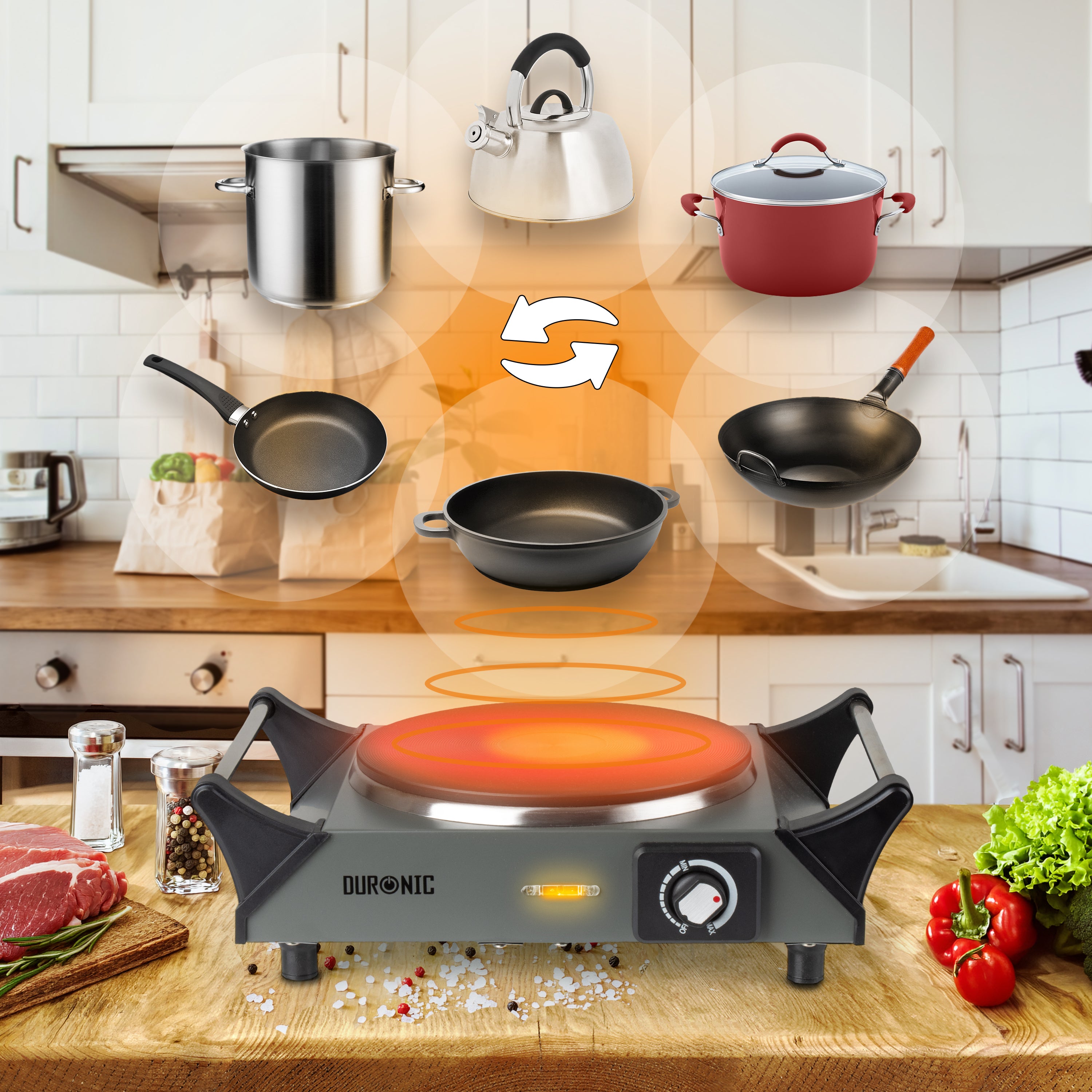 Duronic Electric Hot Plate HP1 GG, 1500W Single Burner Hob, Portable Table Top Cooker with Cast Iron Ring & Cool-Touch Handles for Camping, Caravans, Home, Small Kitchens, Grey Green