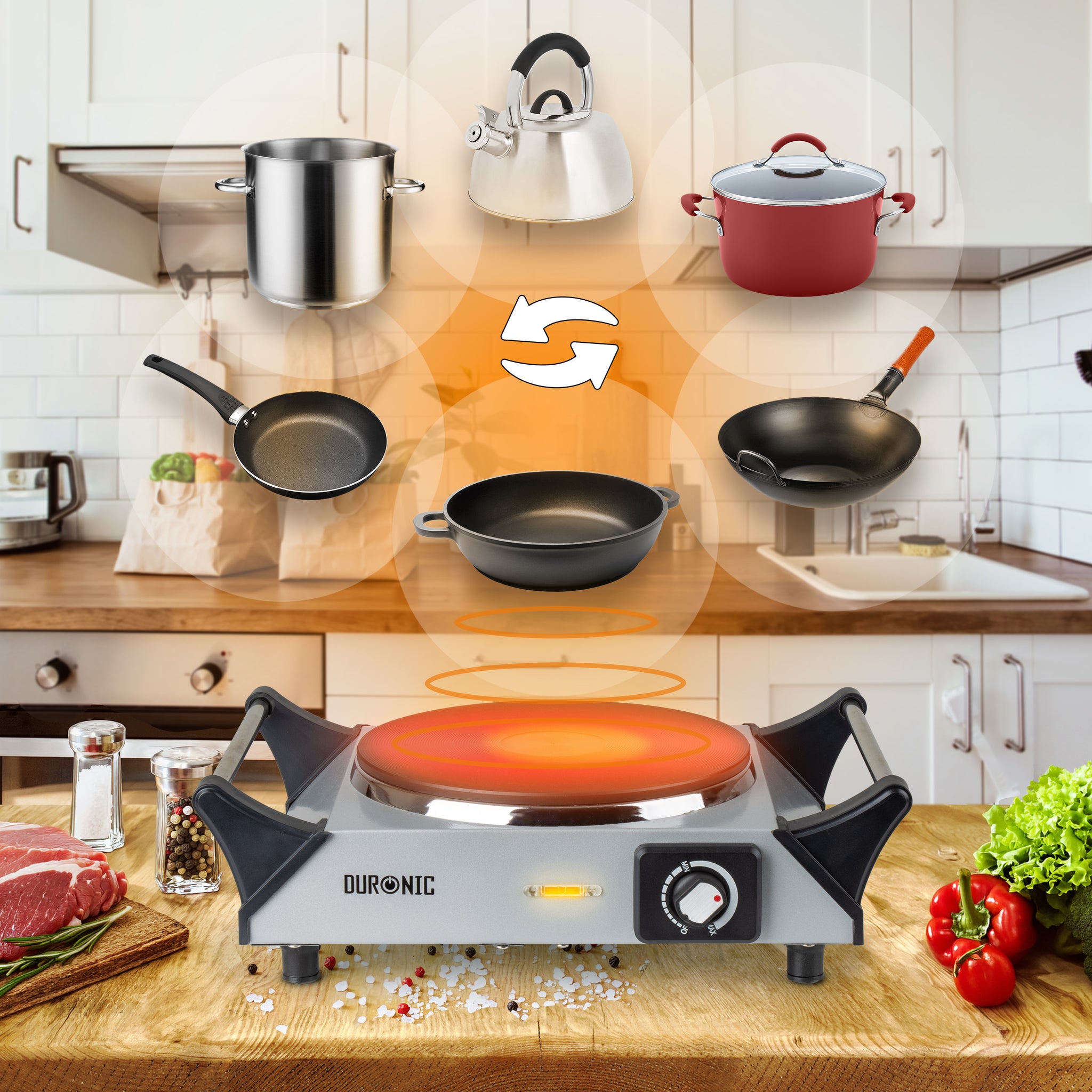 Duronic Electric Hot Plate HP1 SR, 1500W Single Burner Hob, Portable Table Top Cooker with Cast Iron Ring & Cool-Touch Handles for Camping, Caravans, Home, Small Kitchens, Silver
