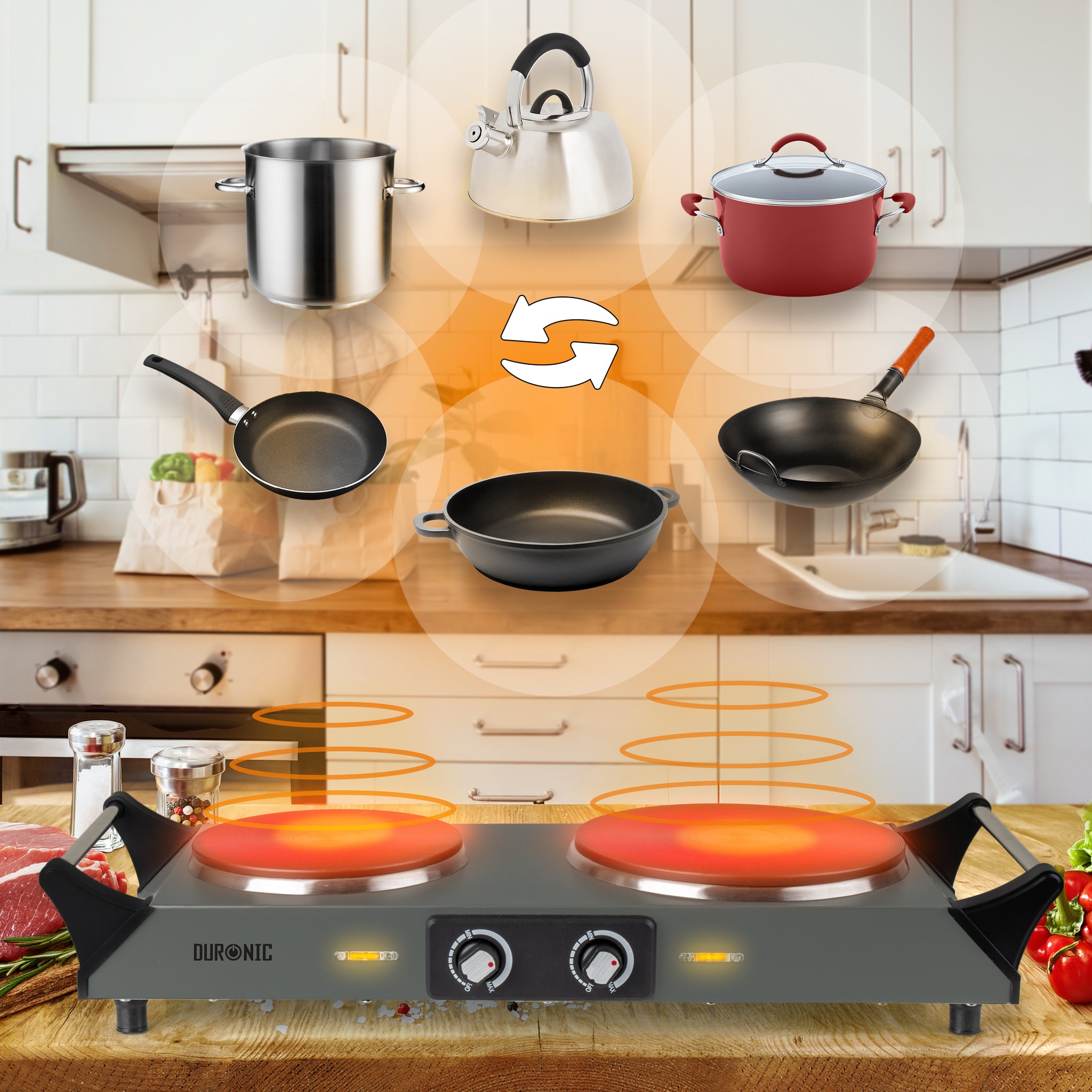 Duronic Electric Hot Plate HP2 GG, 2500W Double Burner Hob, Portable Table Top Cooker with Cast Iron Ring & Cool-Touch Handles for Camping, Caravans, Home, Small Kitchens, Grey Green