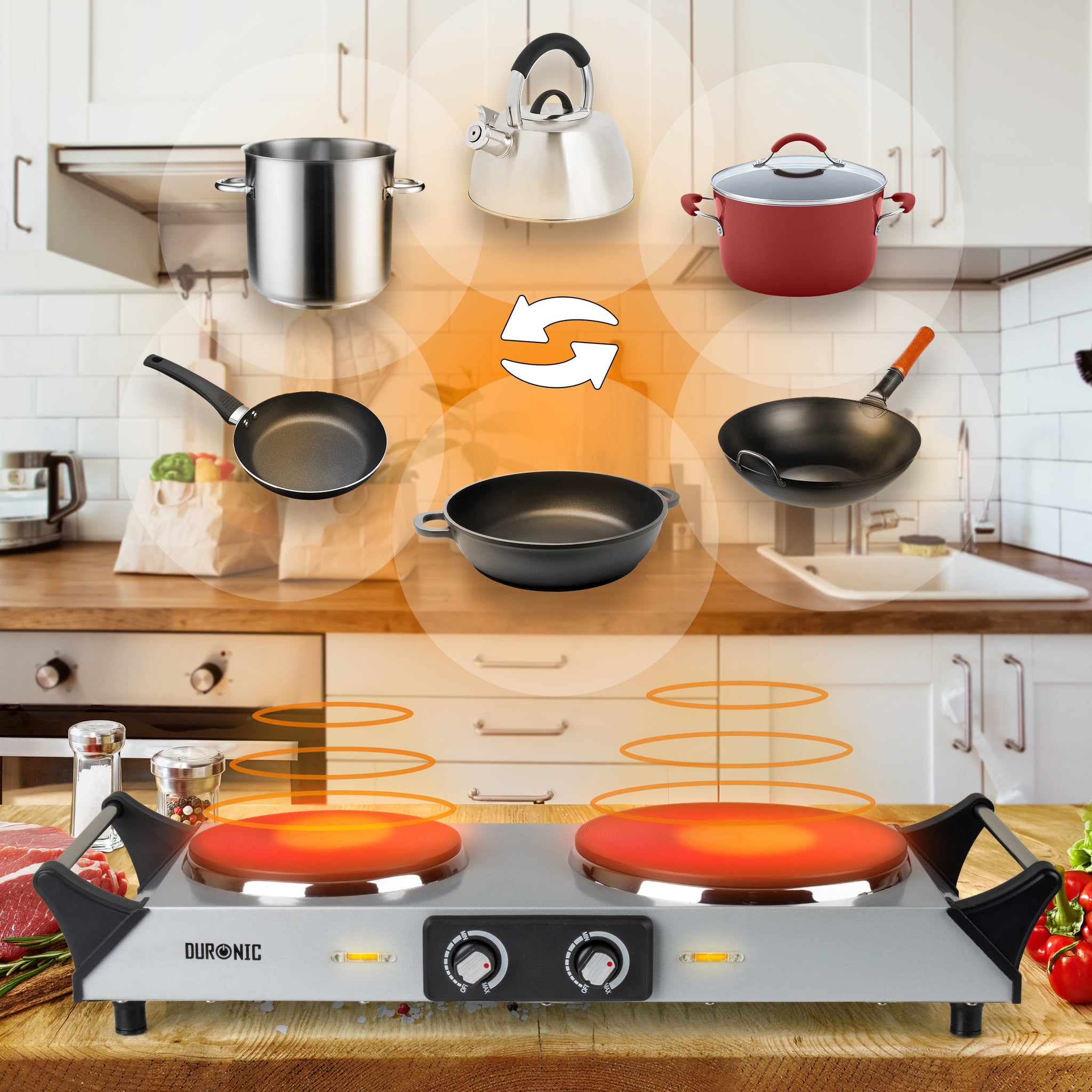 Duronic Electric Hot Plate HP2 SR, 2500W Double Burner Hob, Portable Table Top Cooker with Cast Iron Ring & Cool-Touch Handles for Camping, Caravans, Home, Small Kitchens, Silver