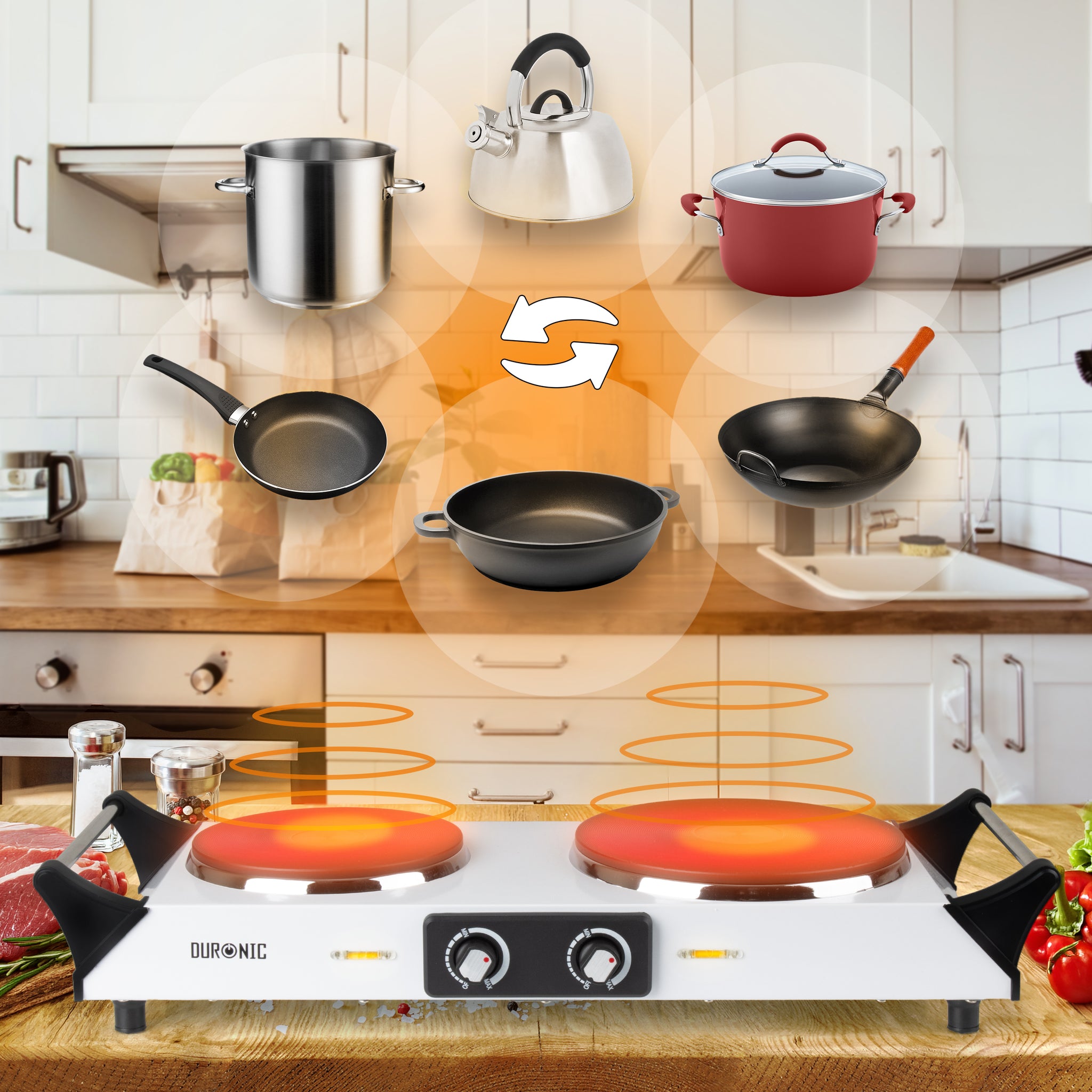 Duronic Electric Hot Plate HP2 WE, 2500W Double Burner Hob, Portable Table Top Cooker with Cast Iron Ring & Cool-Touch Handles for Camping, Caravans, Home, Small Kitchens, White