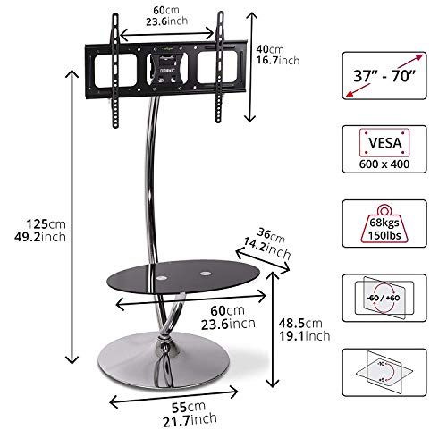 Duronic TV Stand TVS3F1, Chrome & Glass Stand for 30” -60” Flat Screen Television LCD/LED/OLED/QLED, With Tilt & Swivel, VESA Up to 600x400, Max. 68kg/150lbs Capacity, With Media Shelf