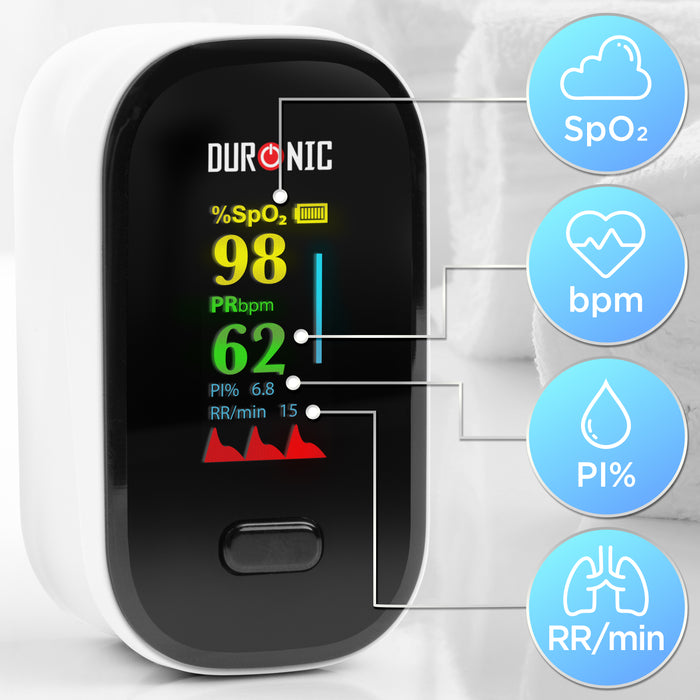 Duronic Finger Pulse Oximeter OX02 Blood Oxygen Saturation & Pulse Rate Monitor CE Certified SpO2 Fingertip Monitor for Home Use Portable Latex Free Oximeters with Digital Display & Lanyard
