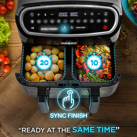 (TWO DRAWER MODEL) Duronic AF24 BK Dual Air Fryer, 10L Large Capacity Digital Air Fryer with Dual Zone Baskets, 10 Cooking Presets, Sync Cook & Finish, 2400W Fast Cooking, Viewing Window, Dishwasher-Safe – Family Size