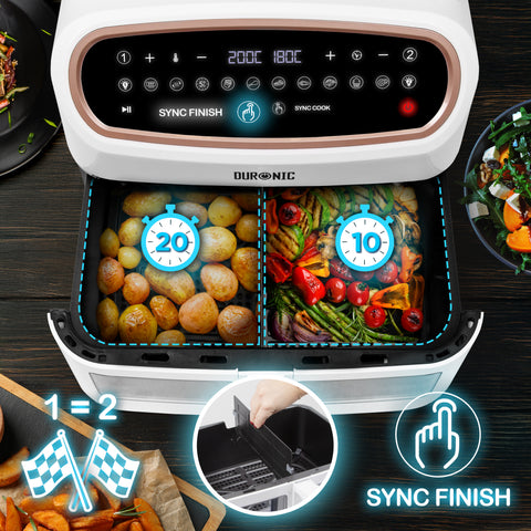 (LARGE SINGLE DRAWER MODEL) Duronic XXL Digital Air Fryer AF14 WE 10L Family Size Air Fryers 10in1 Dual Zone Extra Large AirFryer with window for Cooking with Dishwasher Safe Non-Stick Basket White