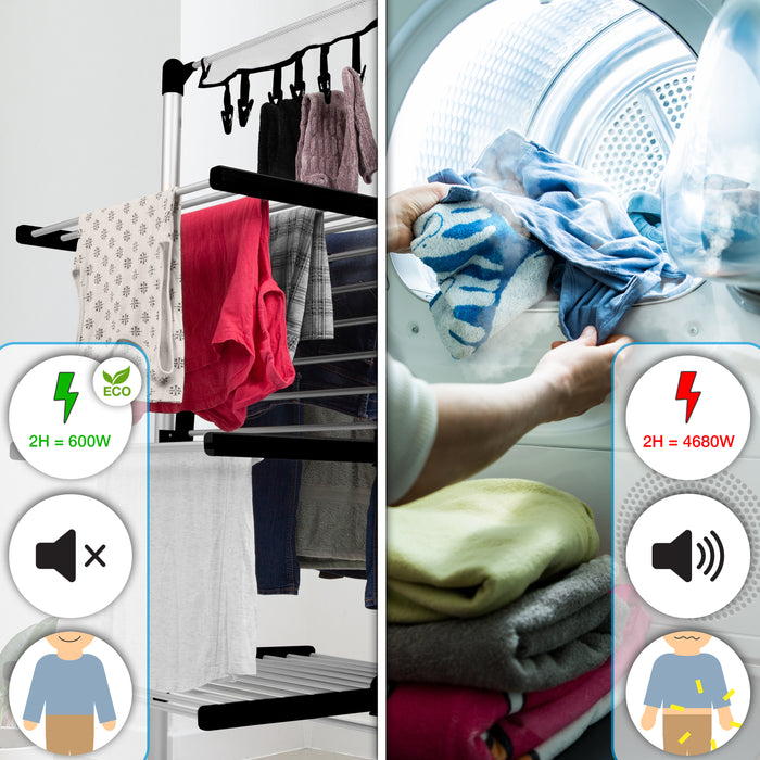 Duronic CA30 BK Electric Clothes Airer 3 Tier Heated Indoor Laundry Drying Rack with Washing Pegs 300W Foldable Sock Hanger Lightweight Garment Dryer Stand for Hats Gloves Small Spaces Home