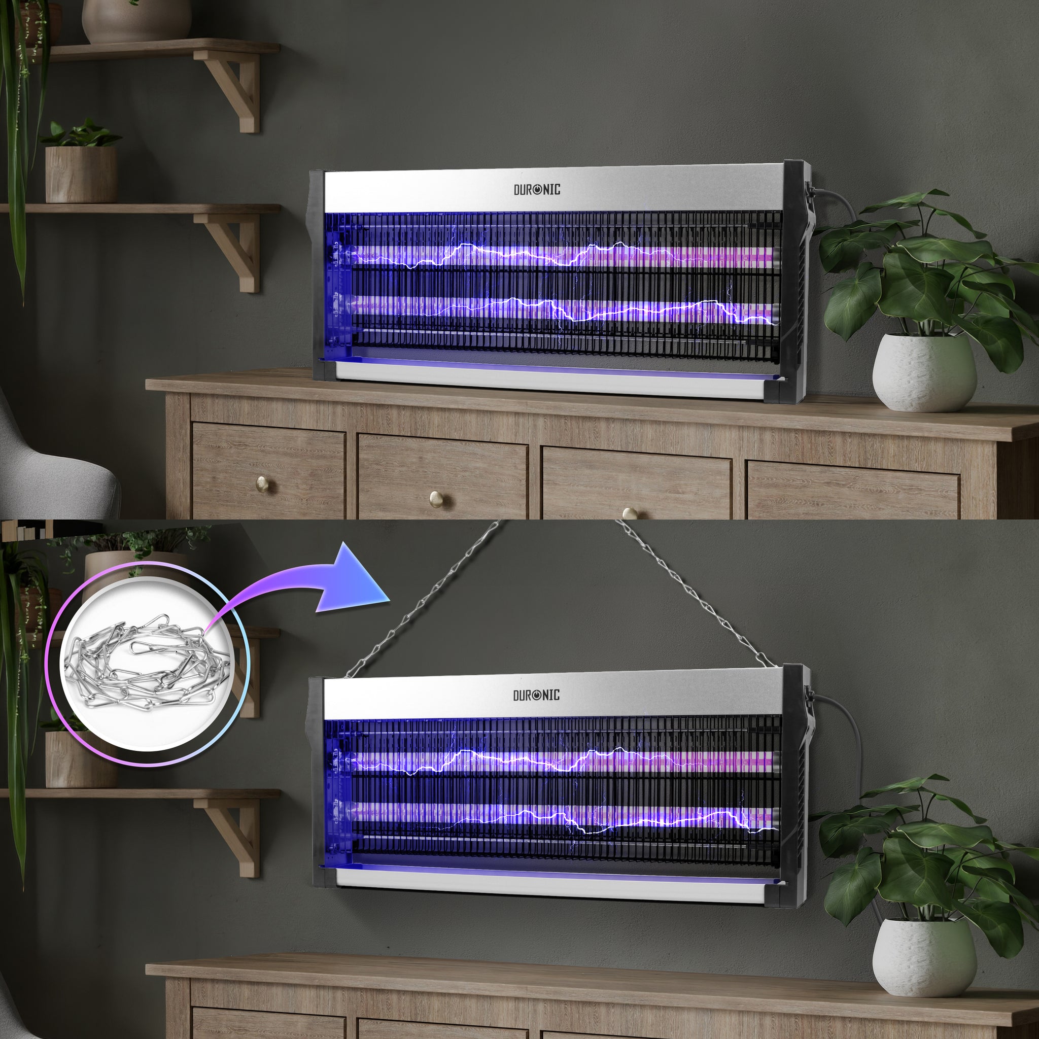 Duronic FK2X10 Electric Fly Killer, Dual Wavelength UV Bug Zapper with Removable Tray and Hanging Chain, Energy Efficient 16W Indoor Insect Trap for Kitchen and Home