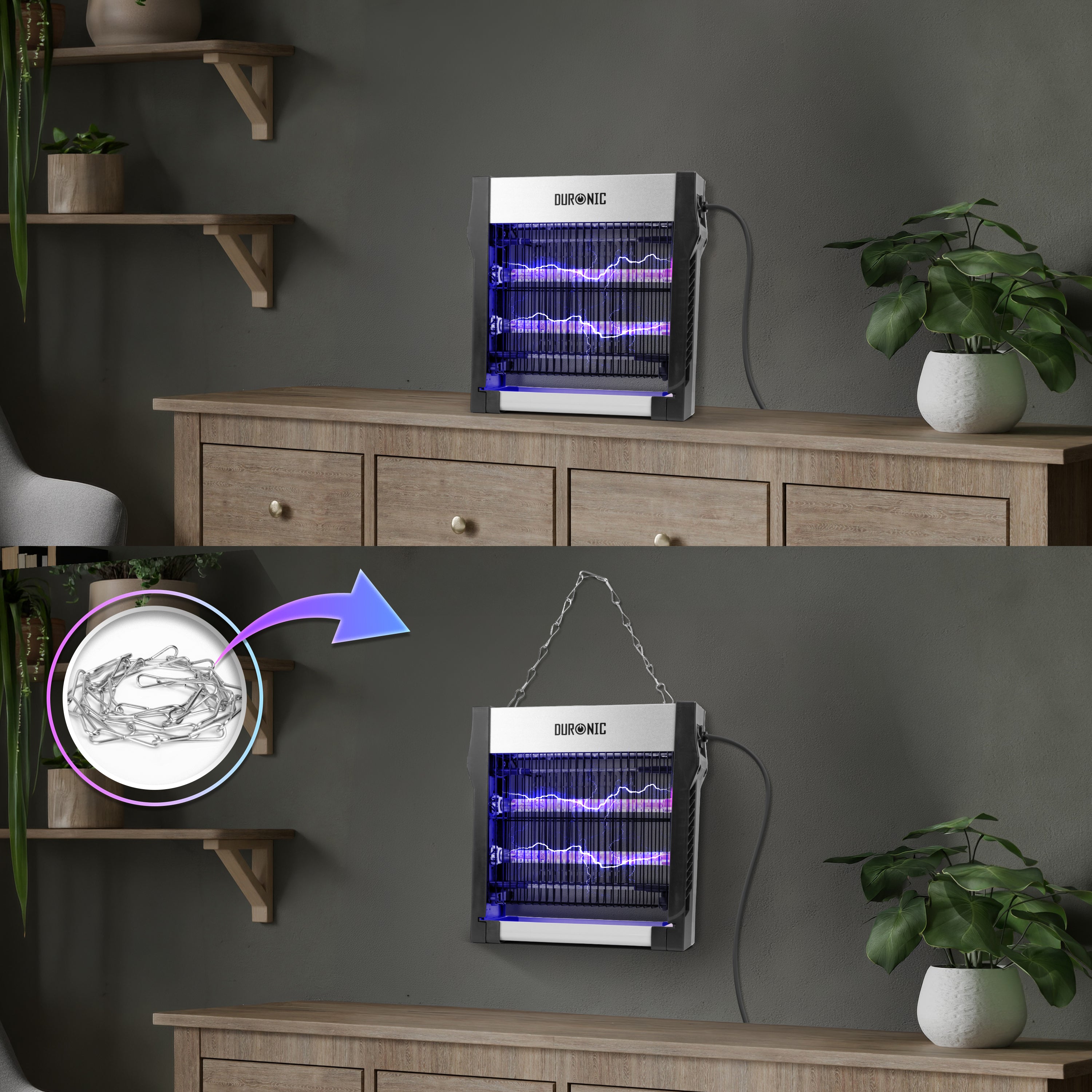 Duronic FK2X4 Electric Fly Killer, Dual Wavelength UV Bug Zapper with Removable Tray and Hanging Chain, Energy Efficient 8W Indoor Insect Trap for Kitchen and Home