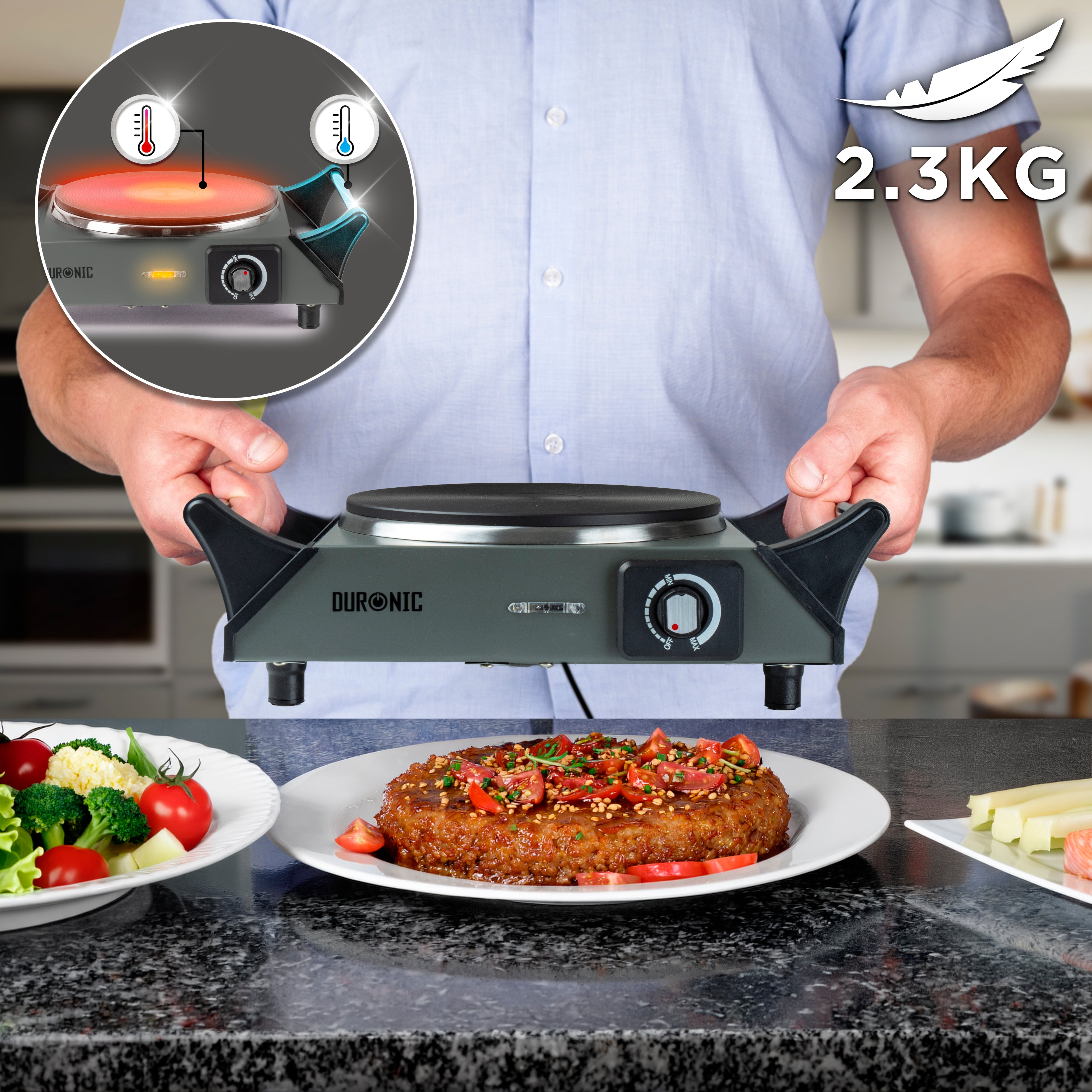 Duronic Electric Hot Plate HP1 GG, 1500W Single Burner Hob, Portable Table Top Cooker with Cast Iron Ring & Cool-Touch Handles for Camping, Caravans, Home, Small Kitchens, Grey Green