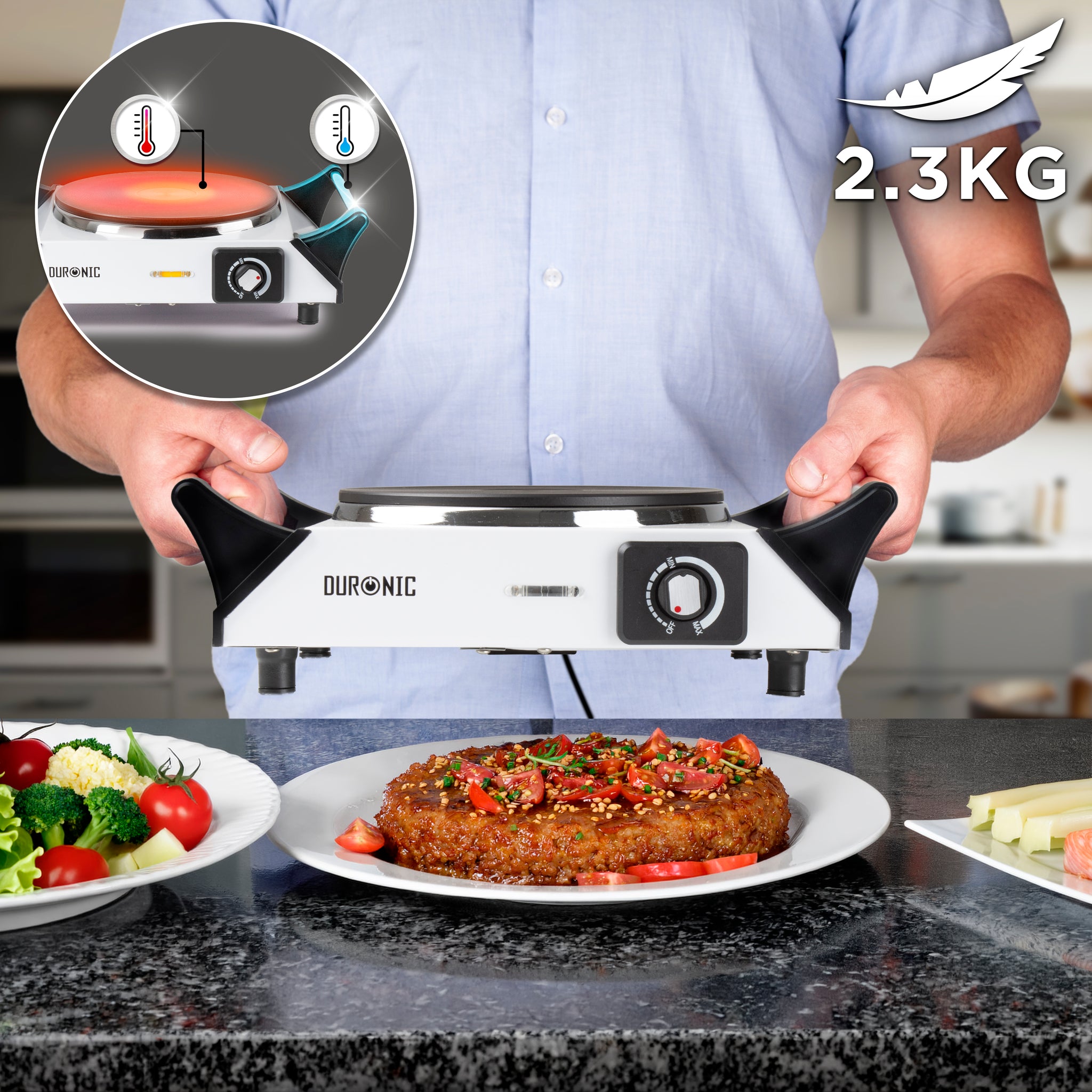 Duronic Electric Hot Plate HP1 WE, 1500W Single Burner Hob, Portable Table Top Cooker with Cast Iron Ring & Cool-Touch Handles for Camping, Caravans, Home, Small Kitchens, White