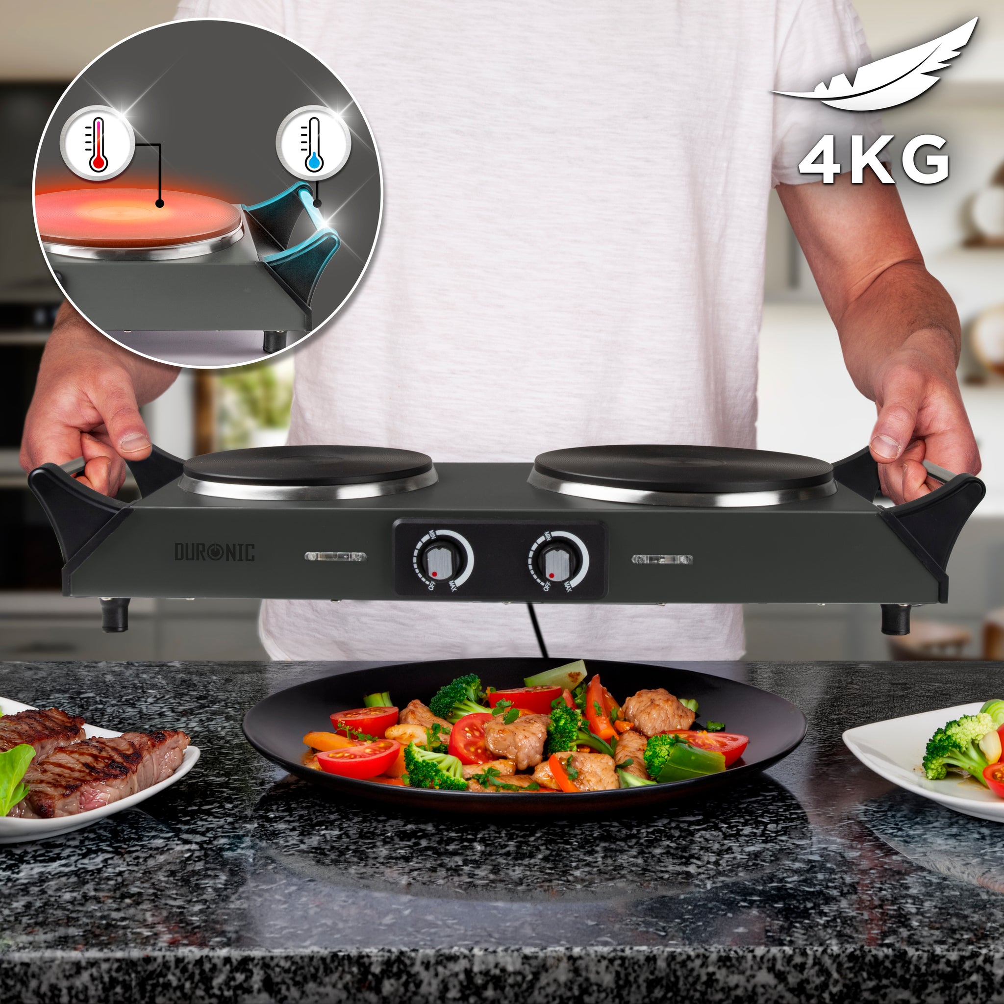 Duronic Electric Hot Plate HP2 GG, 2500W Double Burner Hob, Portable Table Top Cooker with Cast Iron Ring & Cool-Touch Handles for Camping, Caravans, Home, Small Kitchens, Grey Green